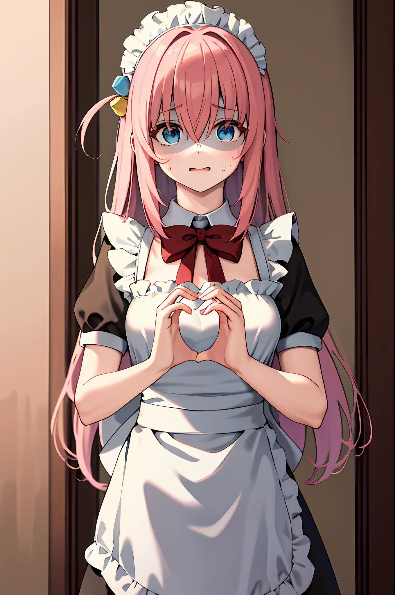masterpiece, best quality, highres, gotou1, gotou hitori, solo, bangs, hair between eyes, short sleeves, maid, maid headdress, small breasts, standing, restaurant, heart, heart hands, shaded face, sweatdrop, cowboy shot,