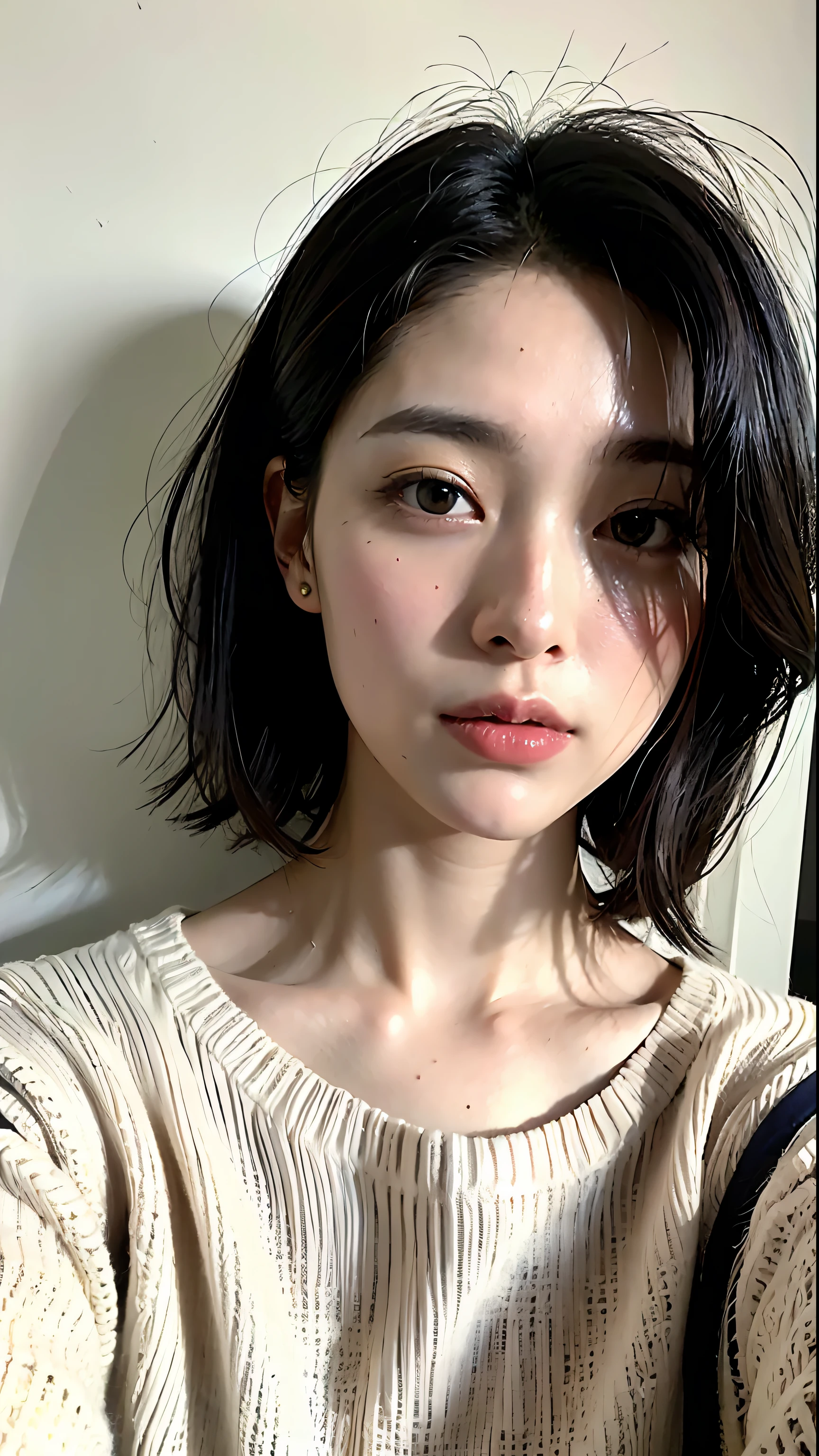 (masterpiece:1.3), (8k, photorealistic, RAW photo, best quality: 1.4), (1girl), beautiful face, (realistic face), (black hair, short hair:1.3), beautiful hairstyle, realistic eyes, beautiful detailed eyes, (realistic skin), beautiful skin, (sweater), absurdres, attractive, ultra high res, ultra realistic, highly detailed, golden ratio