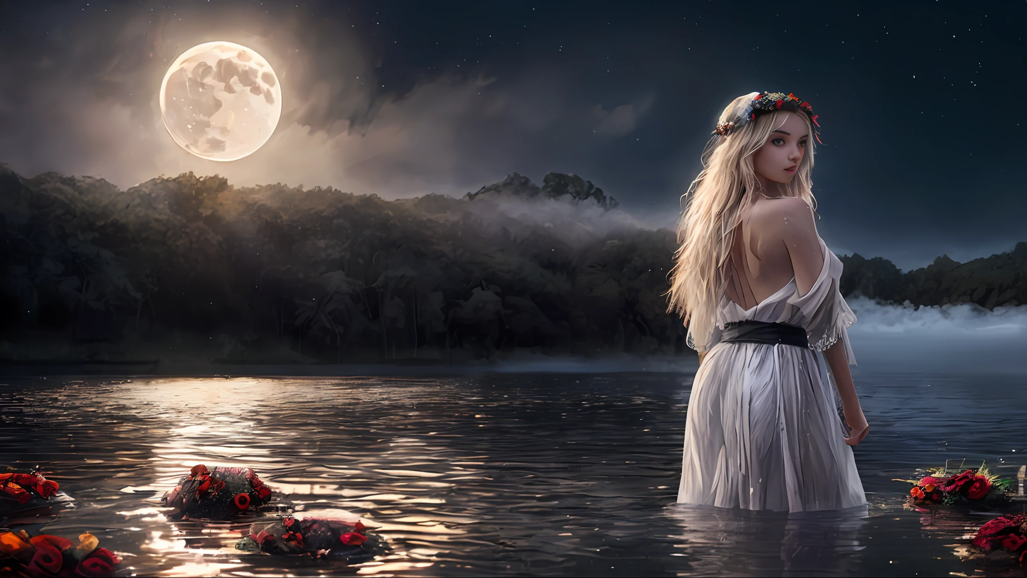 Half-naked very beautiful girl walking in the river