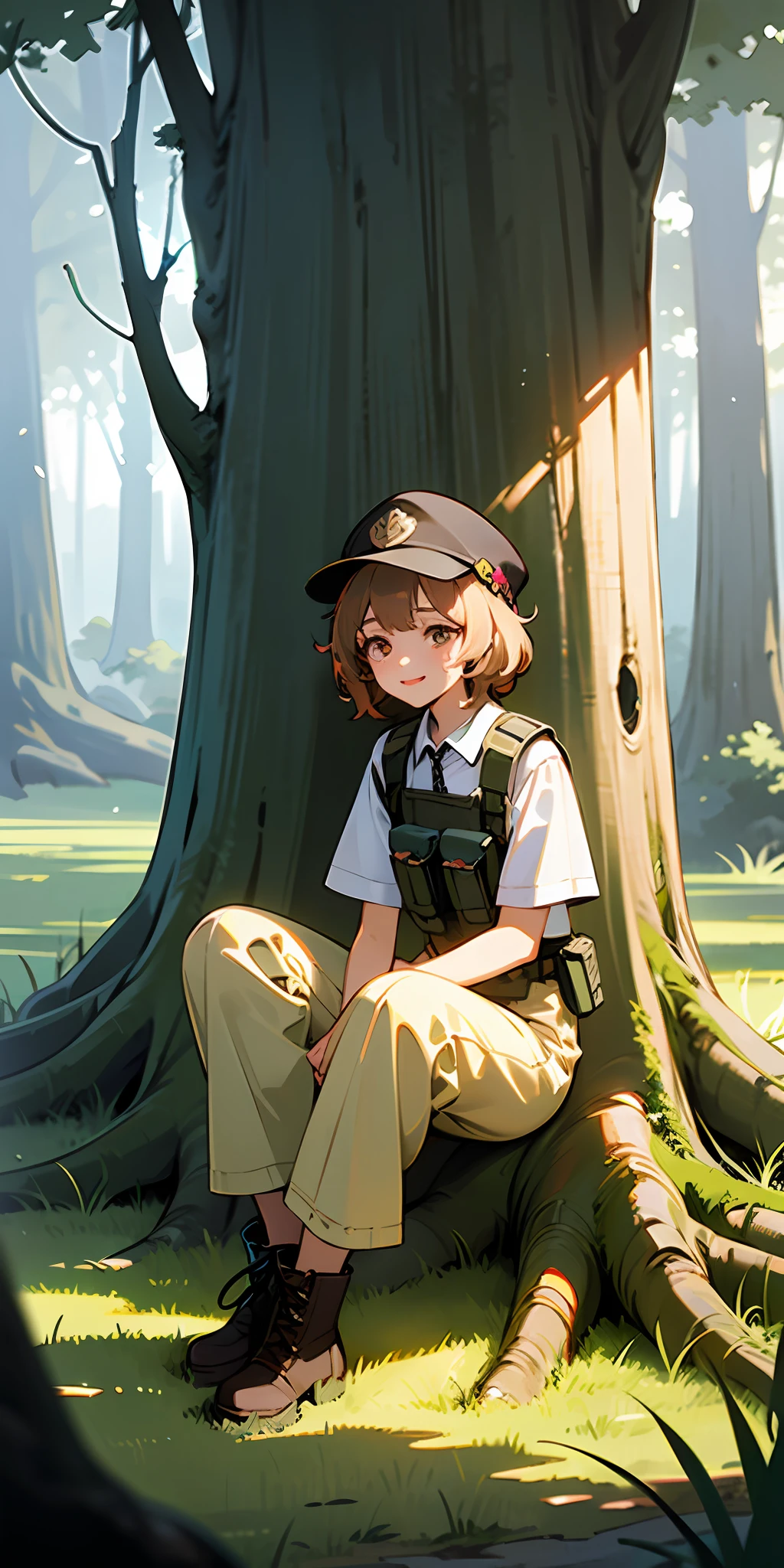 ((high quality)), ((masterpiece)), 8k, bulletproof vest, light, extremely detailed CG unity 8k wallpaper, game cg, absurd, high resolution, super detailed, (1 girl: 1.3), (messy hair, beautiful delicate eyes, shiny oily skin: 1.1), pretty, break, ancient forest, huge trees, peaceful grove, dappled sun, biodiversity, boots, trousers, light layers, hat, sitting on the floor, the sun is rising, I can see some sparrows, a young girl sitting and looking out, light summer clothes and bright smiles, gentle light, normal body proportions.