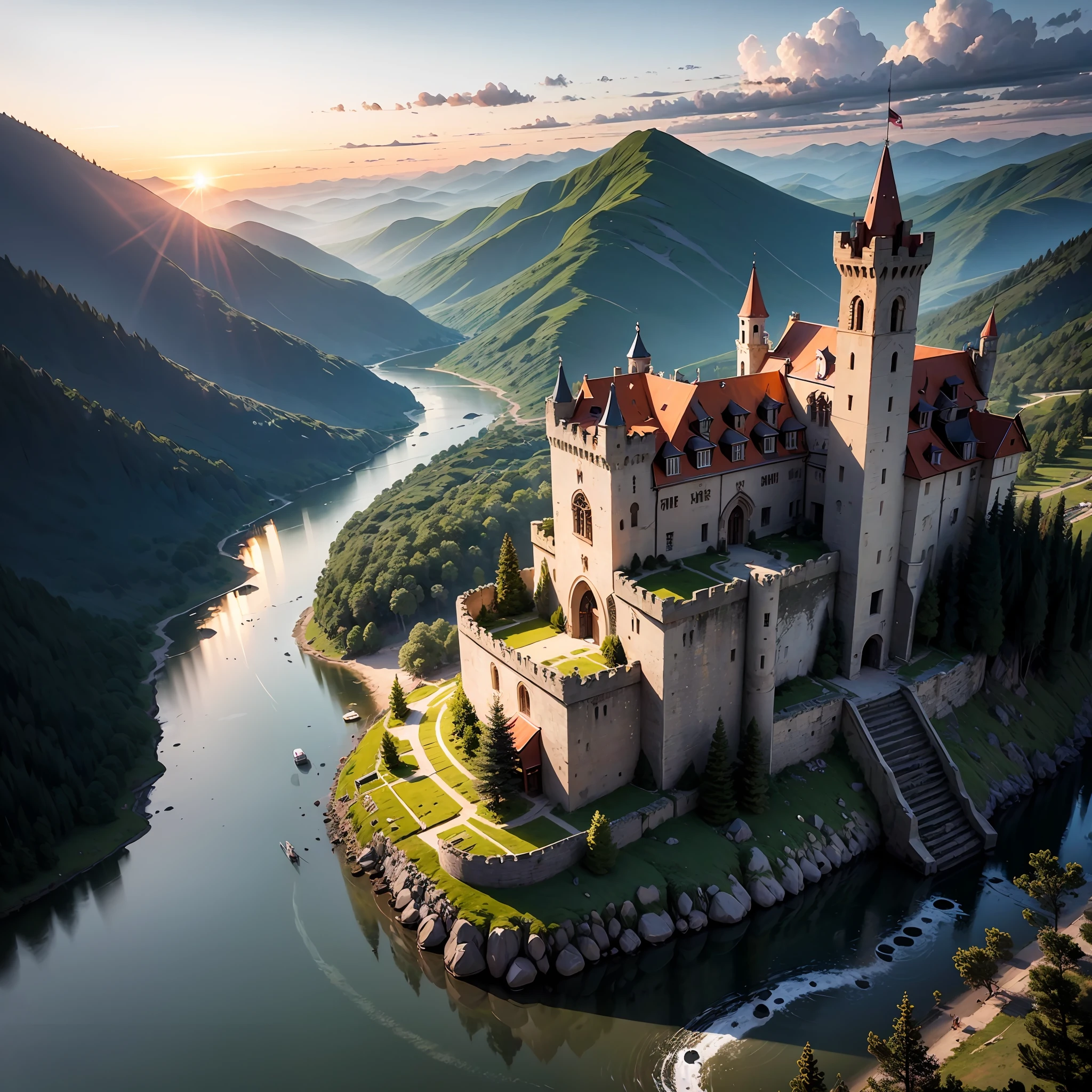 mountain, sunset, epic, monumental castle, river in the middle of mountains --auto
