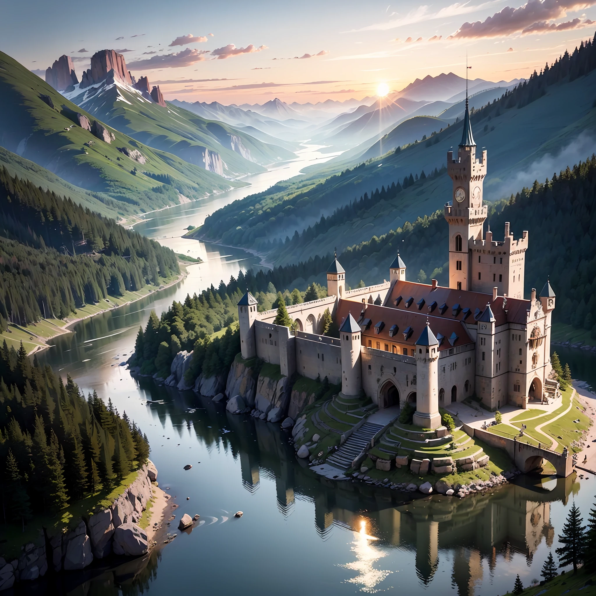 mountain, sunset, epic, monumental castle, river in the middle of mountains --auto
