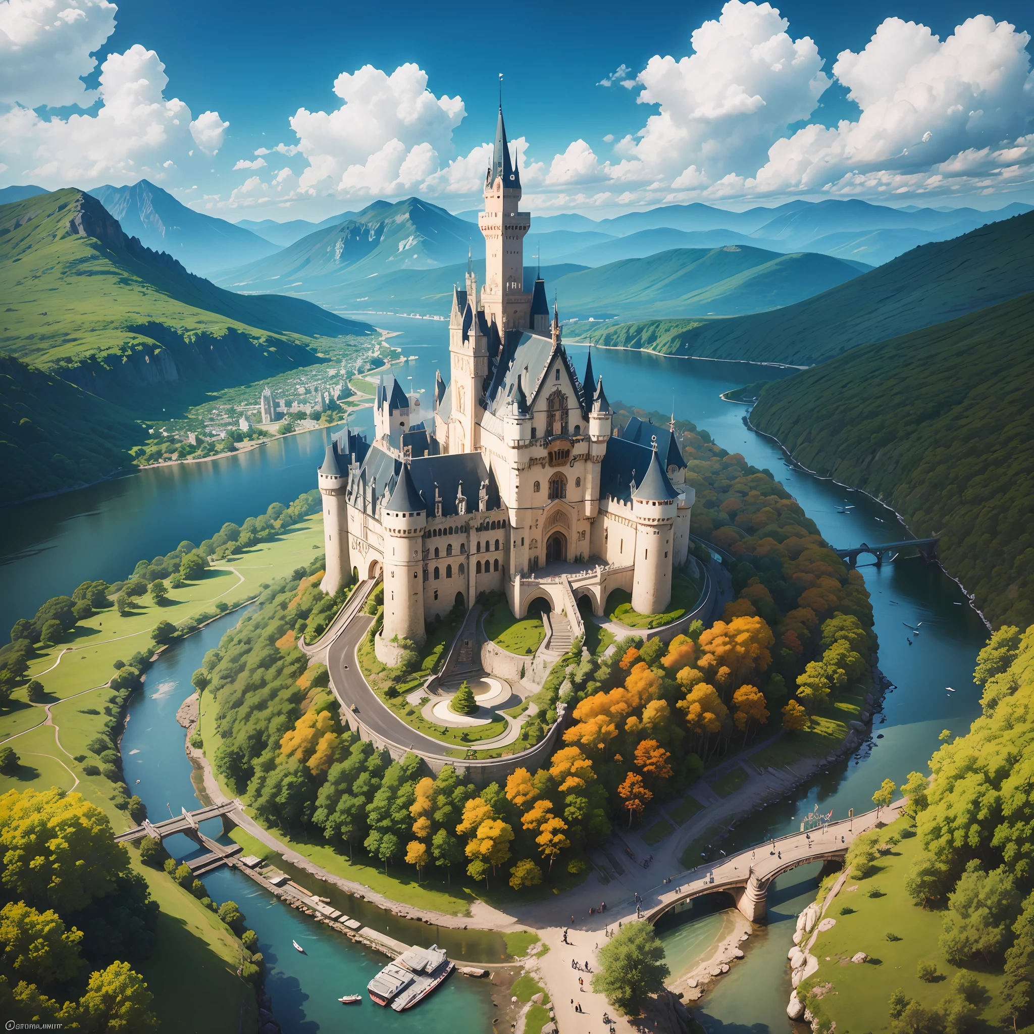 mountain, sunset, epic, monumental castle, river in the middle of mountains --auto