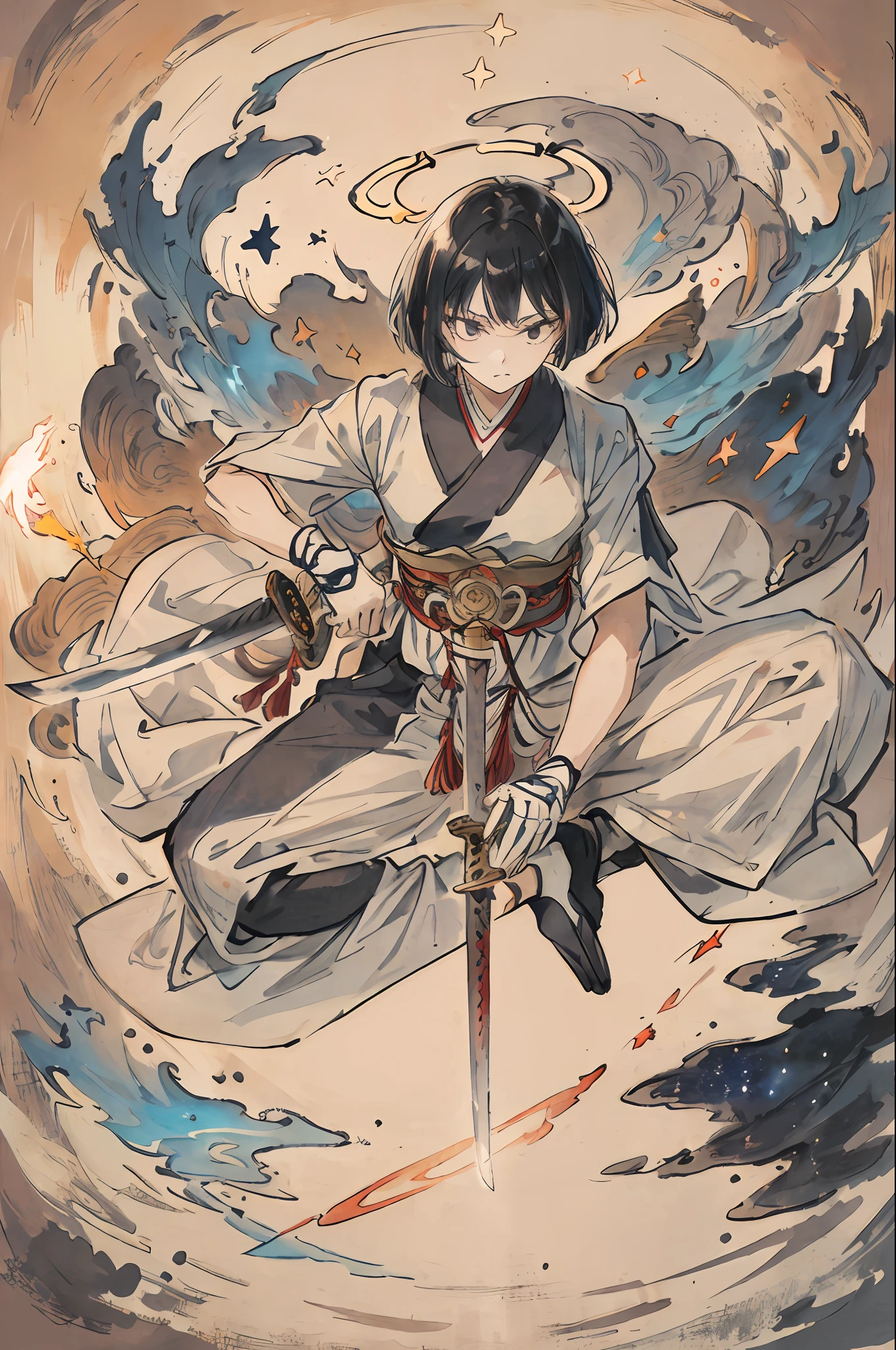 (Masterpiece, Top Quality, 1girl), (Mechanical: 1.3), Young Woman, Armor, Weapon, Elaborate, Detailed Description, Universe, Sea of Stars, Spiral, Light, Explosion, Mystic, Collective, Geometry, Sacred Artifact, Holy Sword, Katana, Thousand Swords, Countless Weapons, Karakuri, Mythology, Saint, Halo, Apostle of God, Japanese Clothes, Priestess, Black Hair, Bob Cut, (Yankee Sitting: 1.5), Provocation, Spirit, Familiars