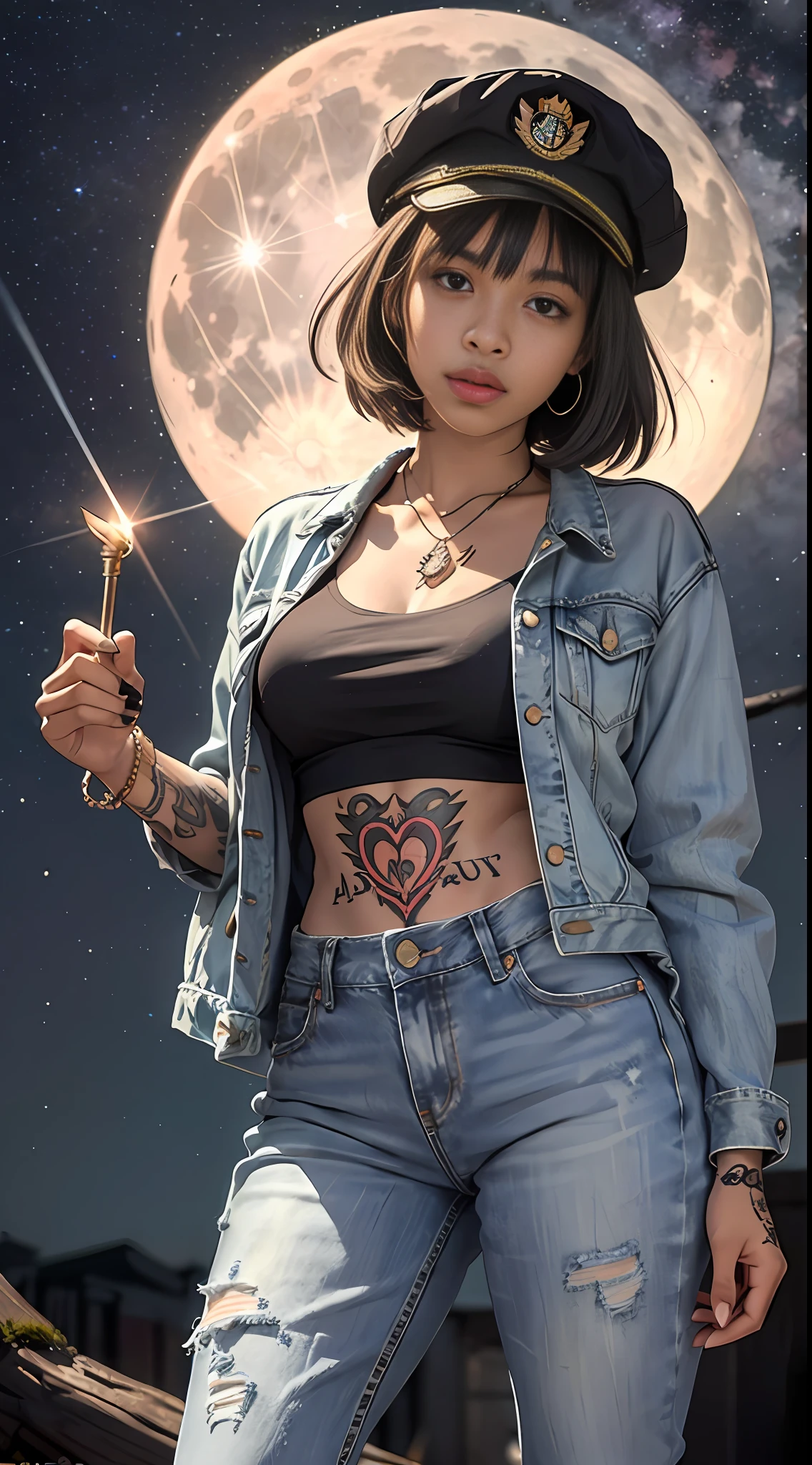 118-year-old African American girl standing, with jacket and jeans, full of tattoos, with cap and bangs, on a background the starry dark night with a full moon, angle from bottom to top