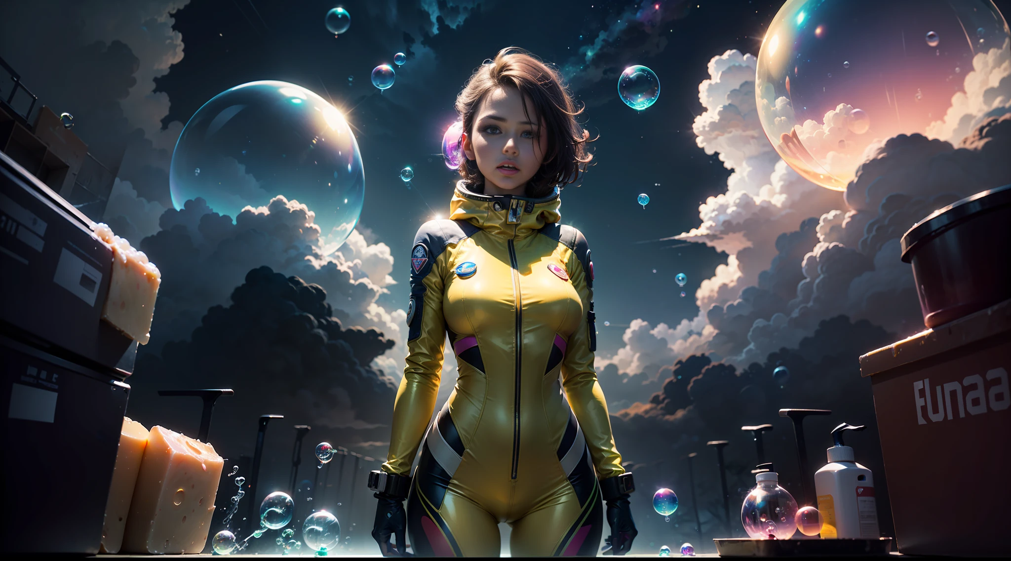 hd masterpiece, one standing woman space cadet looking at camera, detailed face, mid shot, golden suit, ((colorful clouds)) and (((neon soap bubbles))), jungles background