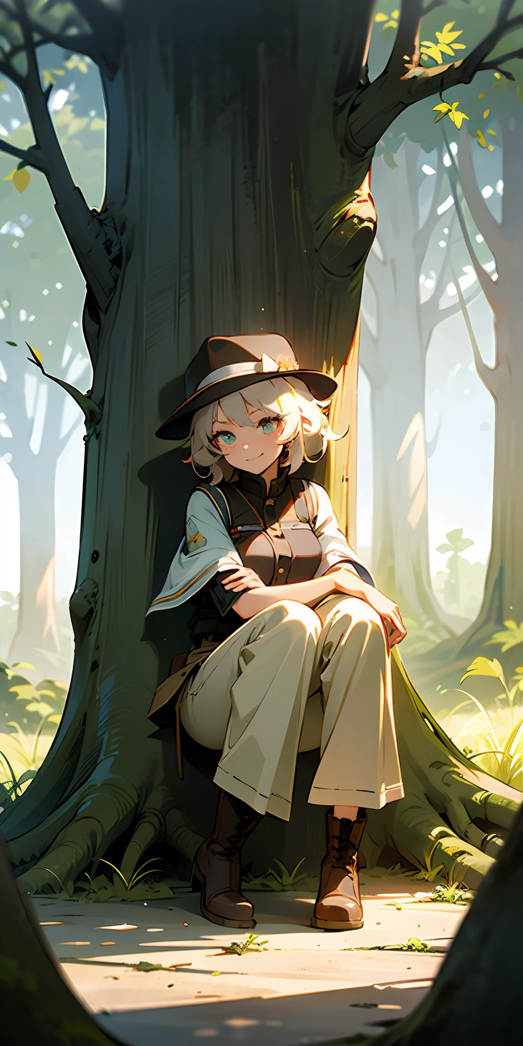 ((high quality)), ((masterpiece)), 8k, bulletproof vest, light, extremely detailed CG unity 8k wallpaper, game cg, absurd, high resolution, super detailed, (1 girl: 1.3), (messy hair, beautiful delicate eyes, shiny oily skin: 1.1), pretty, break, ancient forest, huge trees, peaceful grove, dappled sun, biodiversity, boots, trousers, light layers, hat, sitting on the floor, the sun is rising, I can see some sparrows, a young girl sitting and looking out, light summer clothes and bright smiles, gentle light, normal body proportions.