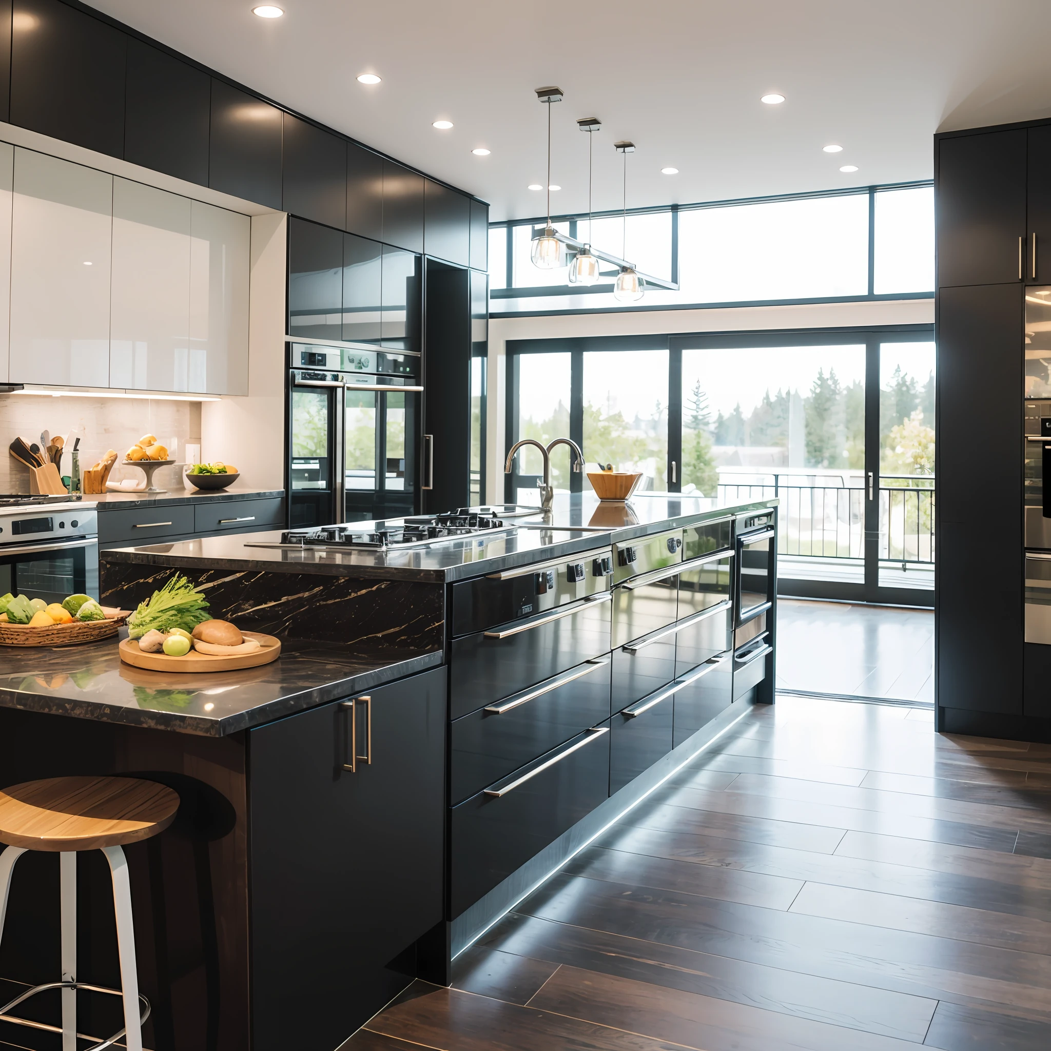 , Masterpiece, Best Quality, 8K, Ultra Highres, step into this minimalist style kitchen and you will be attracted by the clean and clean design. It has ubiquitous cleanliness and neatness, and every detail exudes the convenience and comfort of modern living. Transparent glass windows allow sunlight to flood in warmly and illuminate the space. Gray and white predominantly hues complement each other with an extra-long black countertop, giving it a stylish and refreshing feel. High-quality stainless steel appliances are perfectly integrated into the overall design, making the kitchen both practical and beautiful. Standing here, enjoy the pleasure of cooking and feel the convenience of modern life.