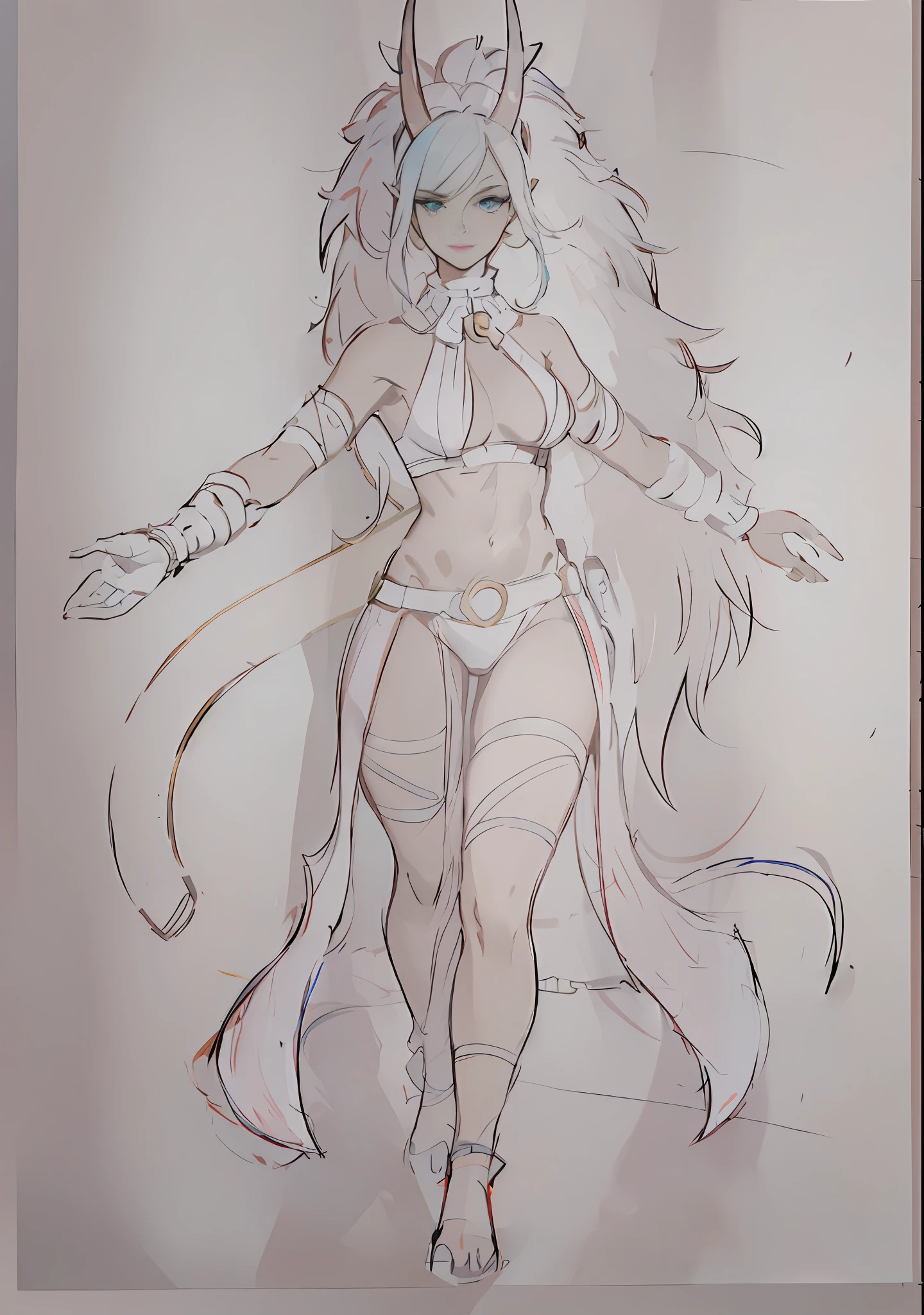 (colorful) with horns, with red skirt, tanned skin, red hair with blue part, golden jewelrydrawing of a woman with a cat costume and a cat tail, drawn in the style of artgerm, full body concept, detailed concept of full body, in artgerm style, extremely detailed artgerm, oc commission, old sketch, full body character drawing, in artgerm style, bold lineart, full body drawing, matte sketch