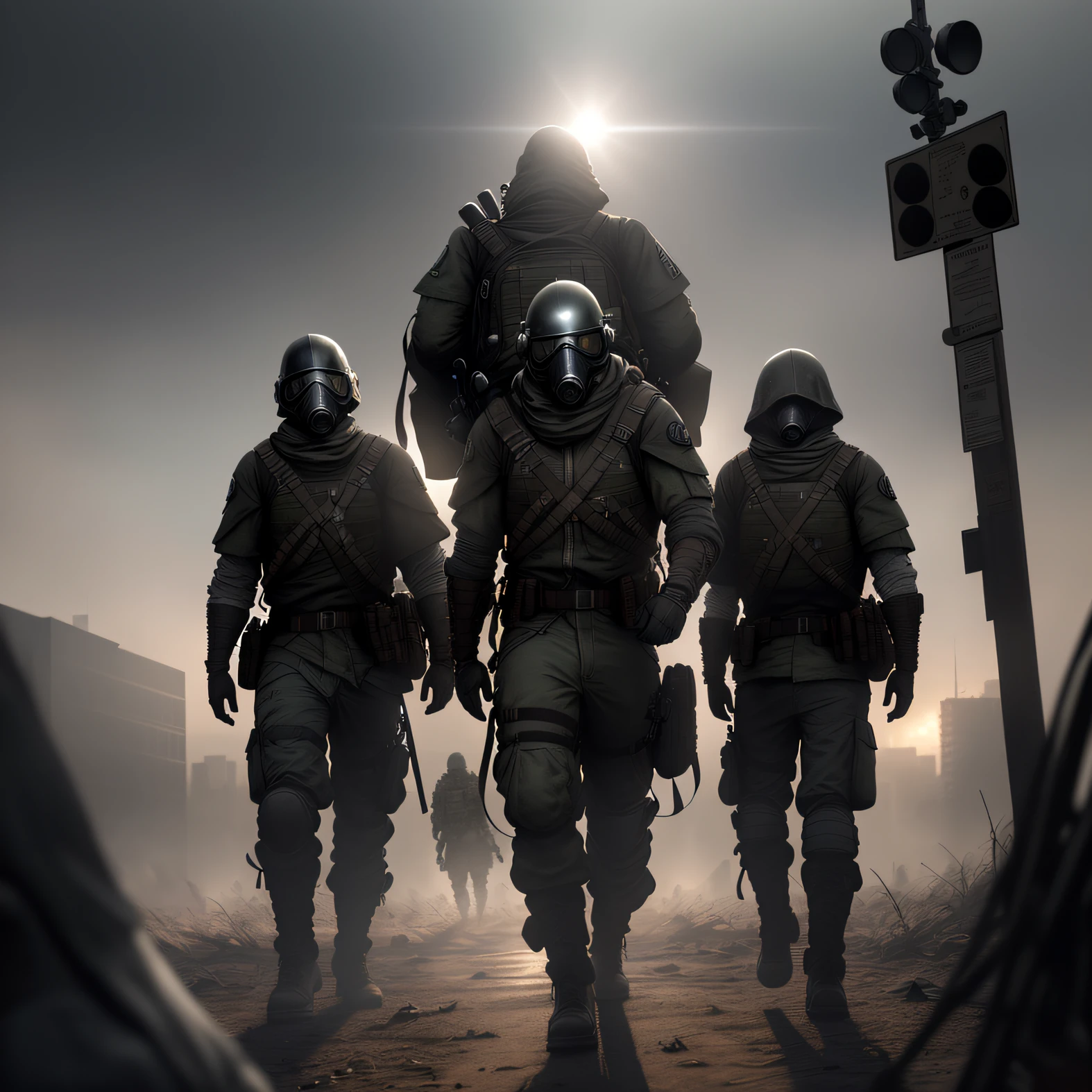 post apocalyptic, survival, night moon, dark, gas mask,zombie,pandemic,survivors,colony, fighting, medieval battle, massacre --auto