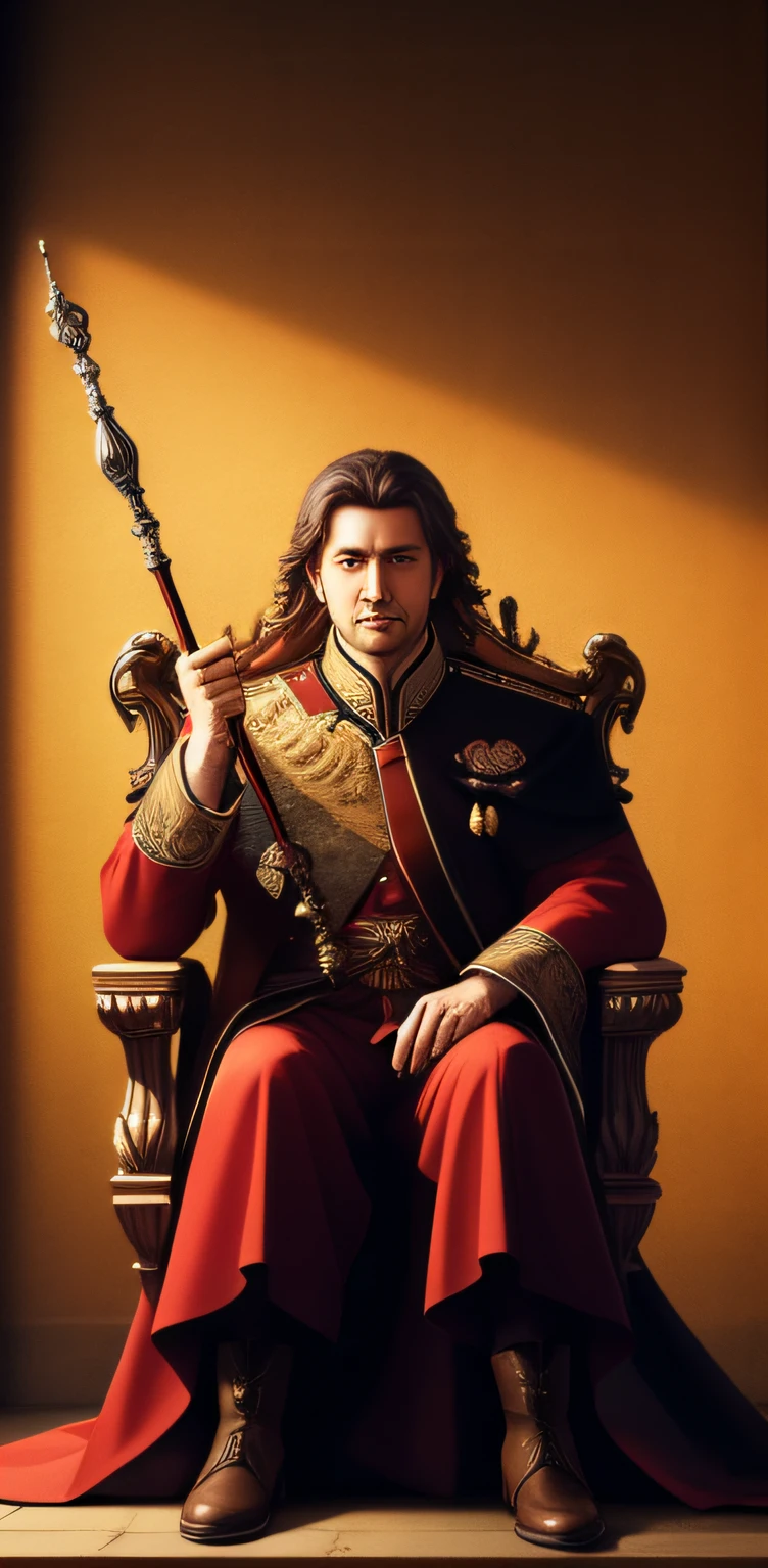 Man sitting on throne, holding a staff, 8K, high quality, cheerful atmosphere, dark lighting, photorealistic