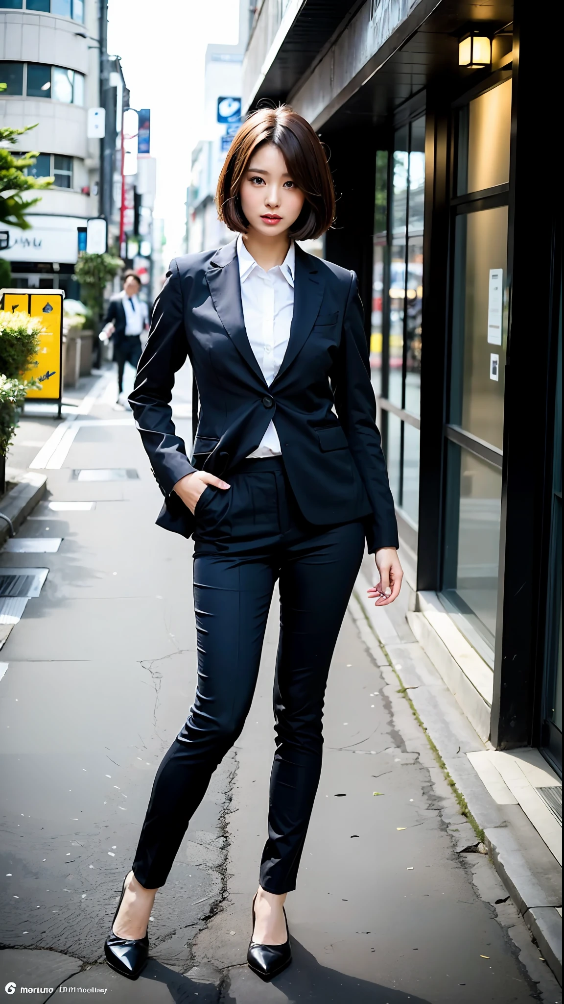 (Best Quality, 8k, 32k, Masterpiece, UHD: 1.2), Cute Japan Woman Pictures, Short Hair, Big, Tight Suit, Work Figure, Tight Clothes, Bare Feet, Tokyo Background