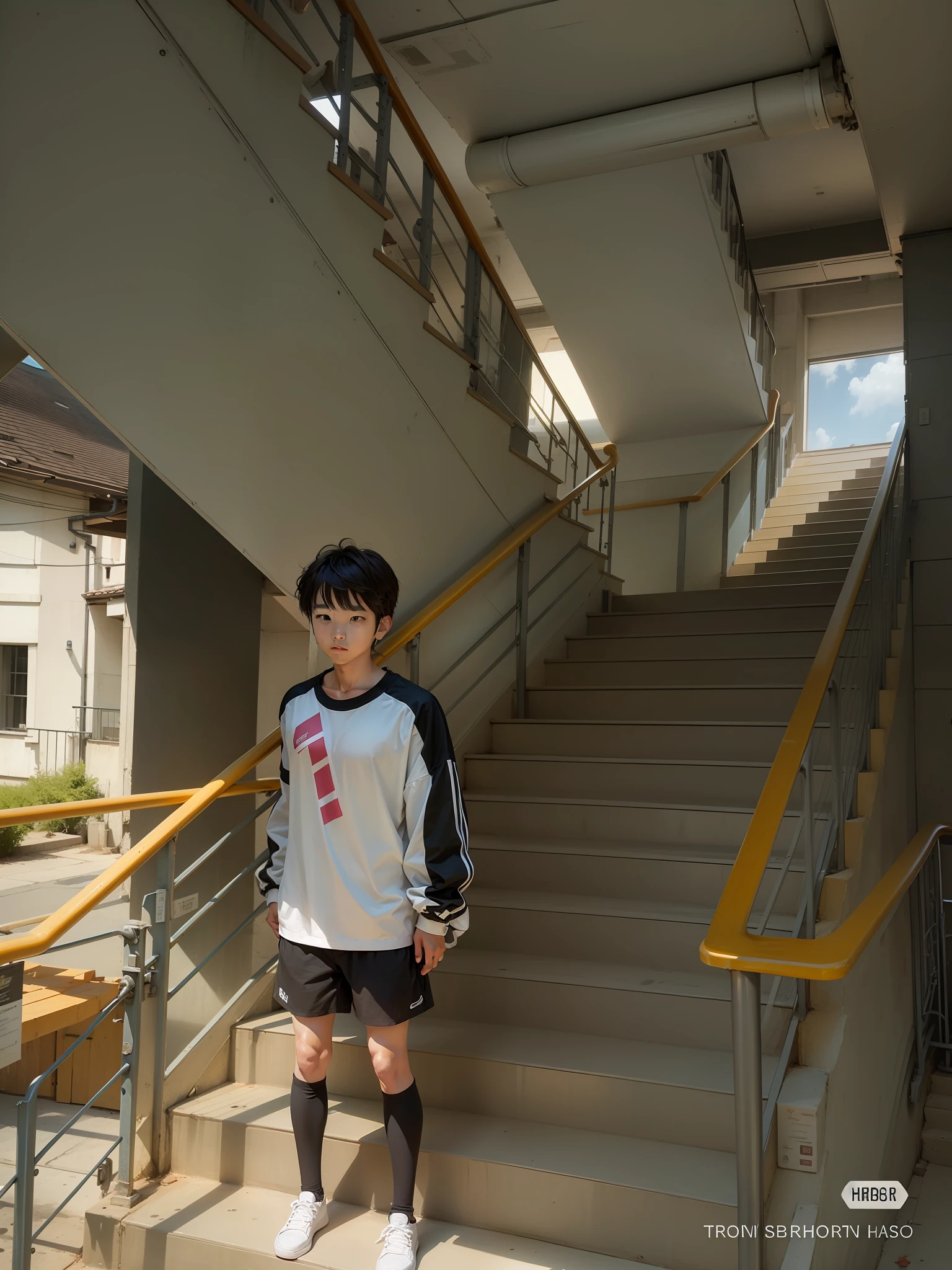 A man stands on the stairs with a white top, black shorts, white sneakers