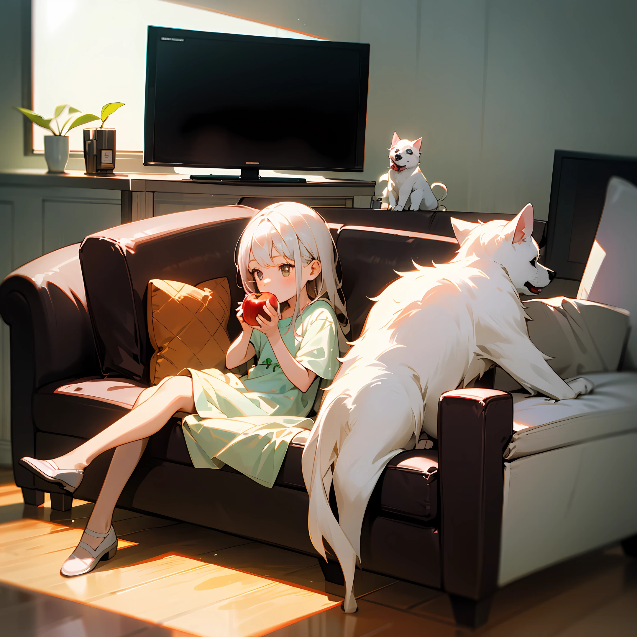 A 5-year-old girl is sitting on the sofa eating an apple and watching TV, next to a white puppy