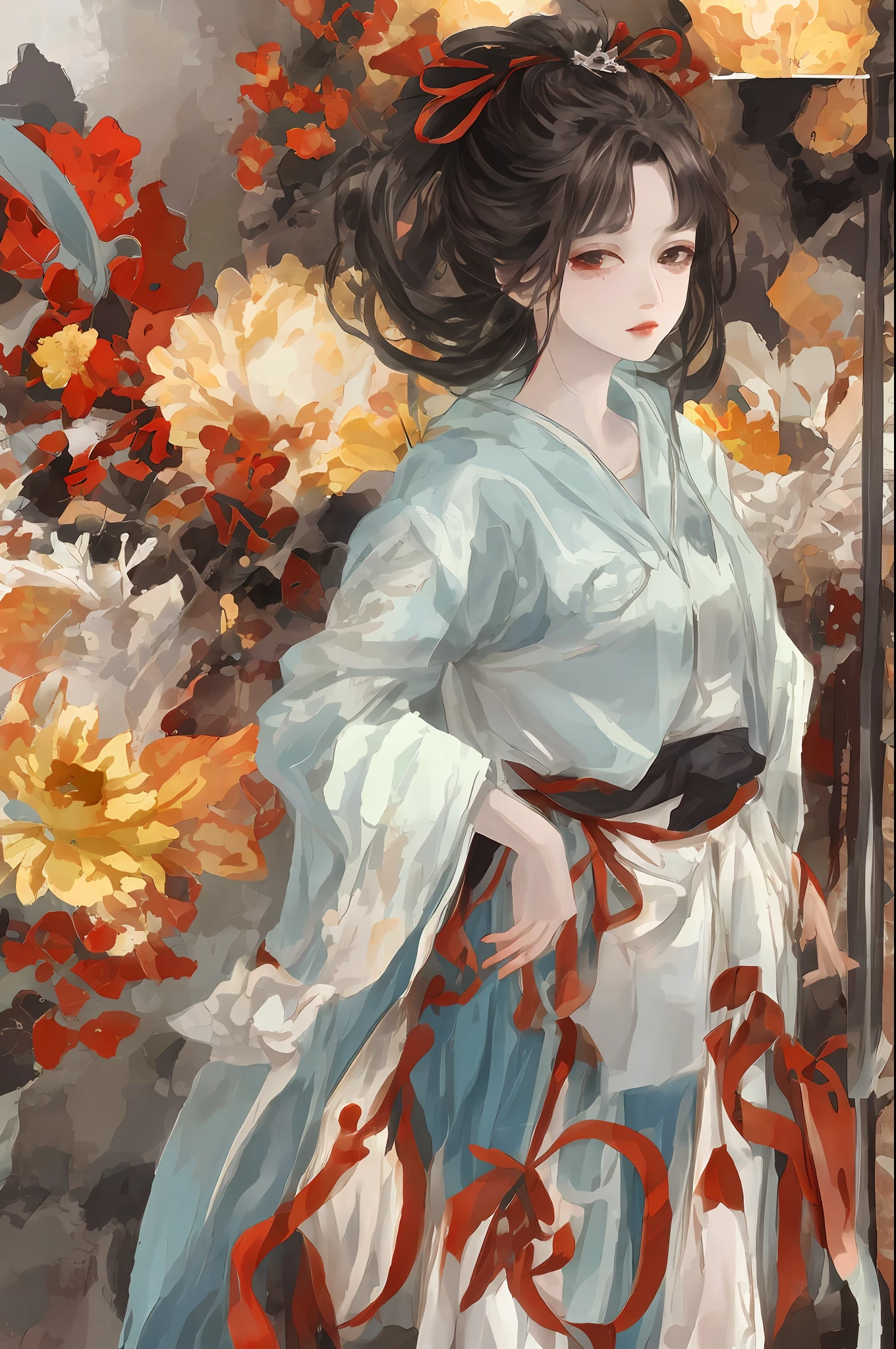 An ancient Chinese beauty sitting on a stone, wearing ancient Chinese clothing, flowing tulle, light silk, lazy posture, large lotus leaf, lotus, ink painting style, clean color, decisive cutting, blank, freehand, masterpiece, super detailed, epic composition, high quality, the highest quality, 4k --v 6