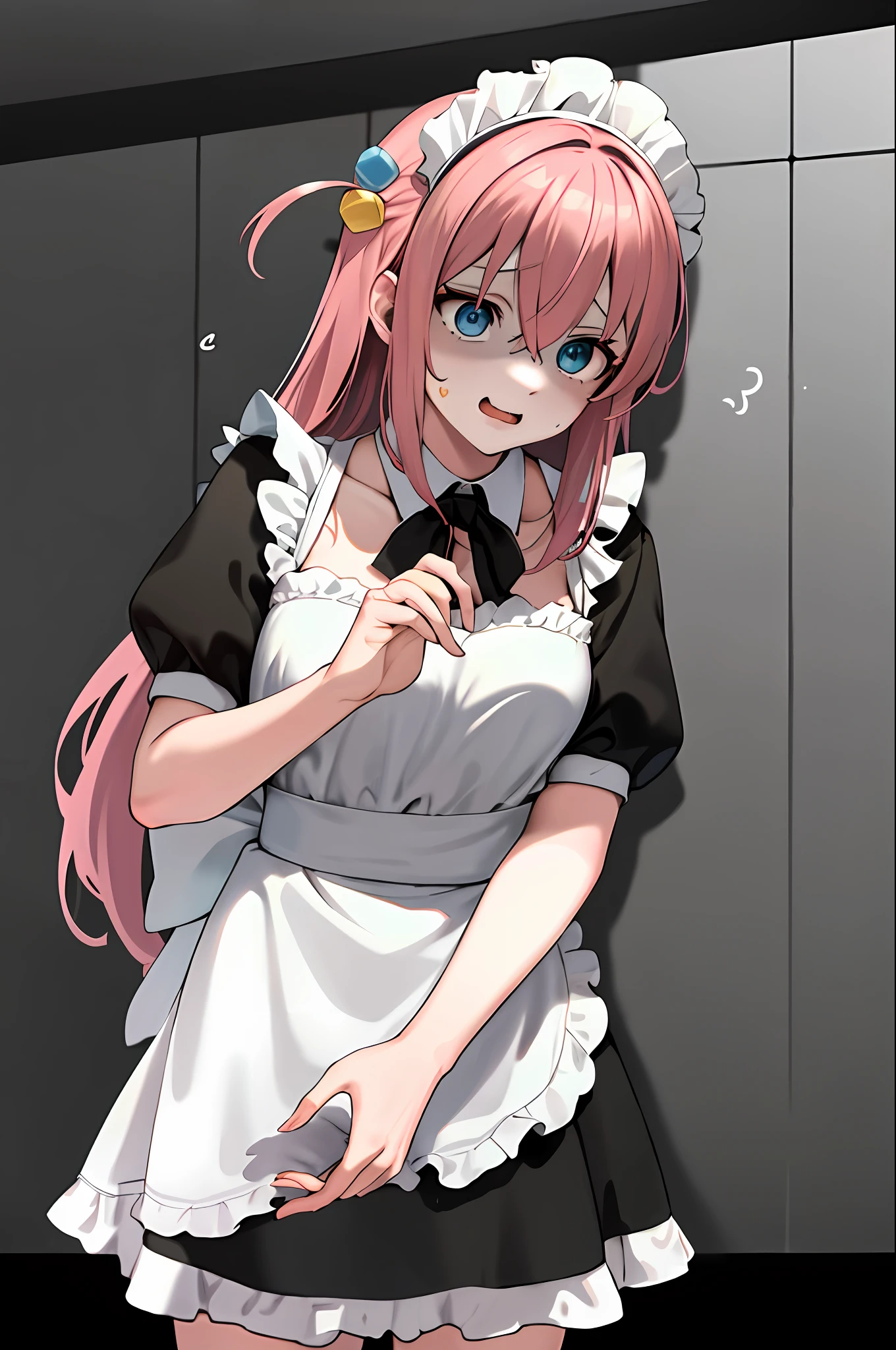 masterpiece, best quality, highres, gotou1, gotou hitori, solo, bangs, hair below eyes, short sleeves, maid, maid headdress, small breasts, standing, restaurant, heart, heart hands, shaded face, sweatdrop, nervous, anxiety, cowboy shot,