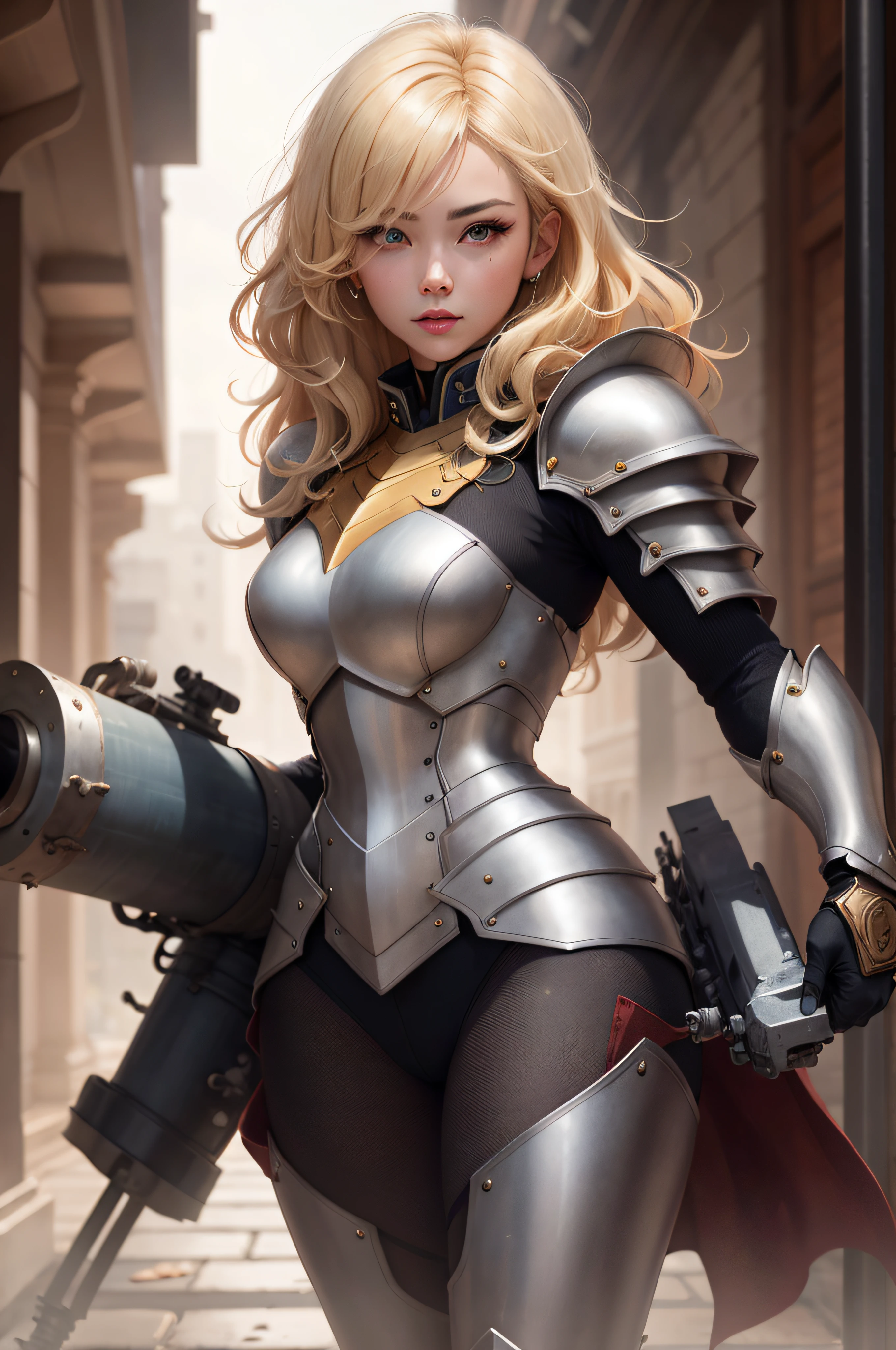 A woman with blond hair and armor holding a Gatling gun, Yang J, portrait knights of zodiac girl, IG Model |ArtGerm, Very detailed ArtGerm, The trend is in CGsociety, Trend CGsociety, [趋势在CGsociety]!!, Amazing CGsociety, CGsociety and weathering clocks, ArtGerm and WLOP