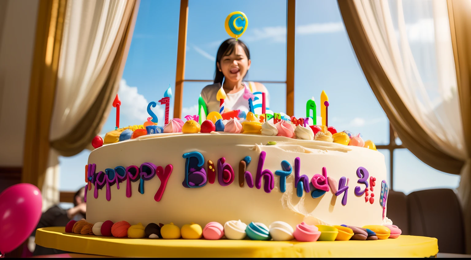 a person standing with their legs inside of a giant birthday cake