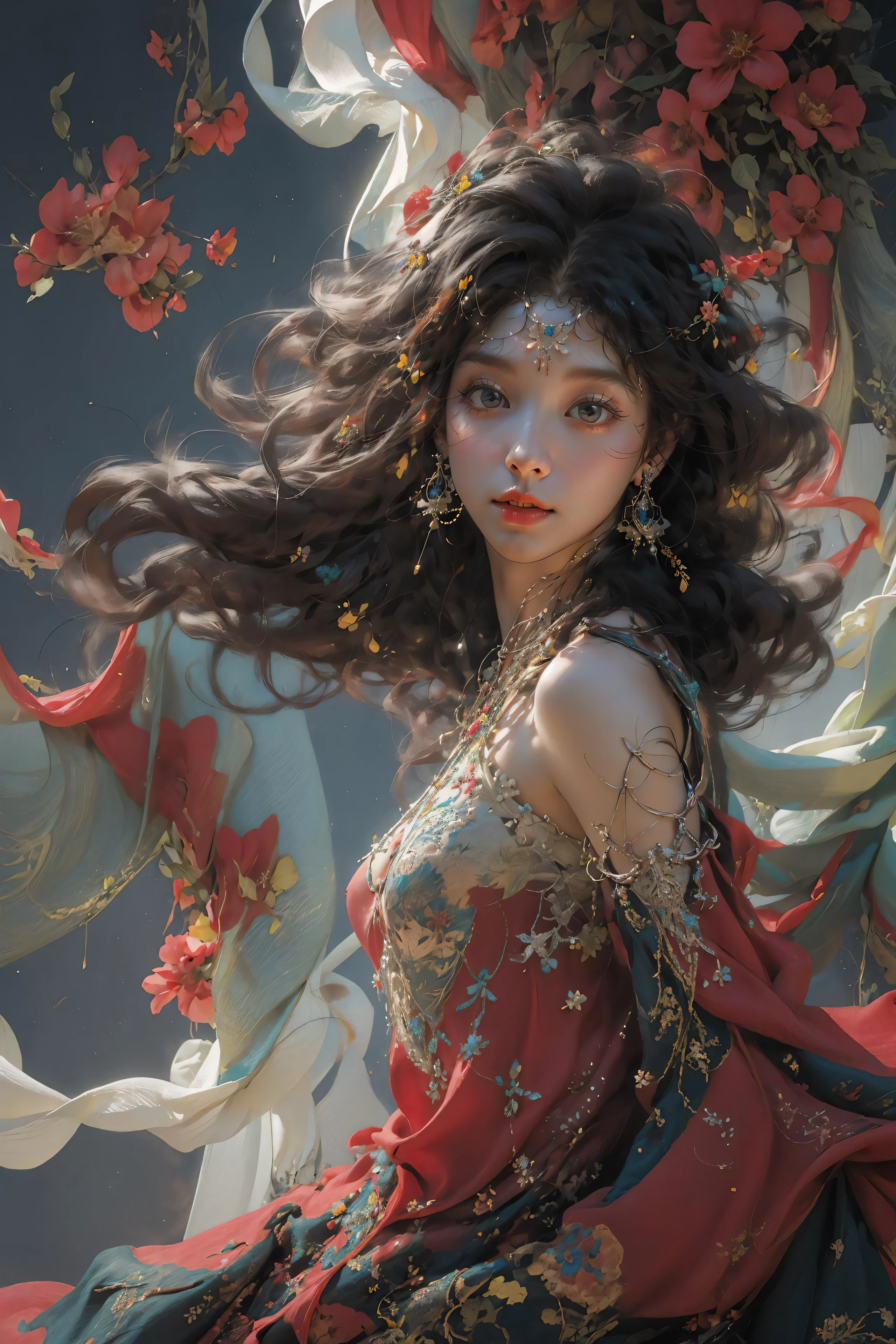 zhongfenghua, 1girl, solo, hanfu, ancient_chinese_architecture, flower field, blossom, (white smoke:1.3) (photorealistic:1.4), zentangle, mandala, entangle, official art, unity 8k wallpaper, ultra detailed, beautiful and aesthetic, masterpiece,best quality, (dynamic angle:1.4), glowing skin, (floating colorful sparkles:1) the most beautiful form of chaos, elegant, a brutalist designed, vivid colours, romanticism depth of field exotic_dance