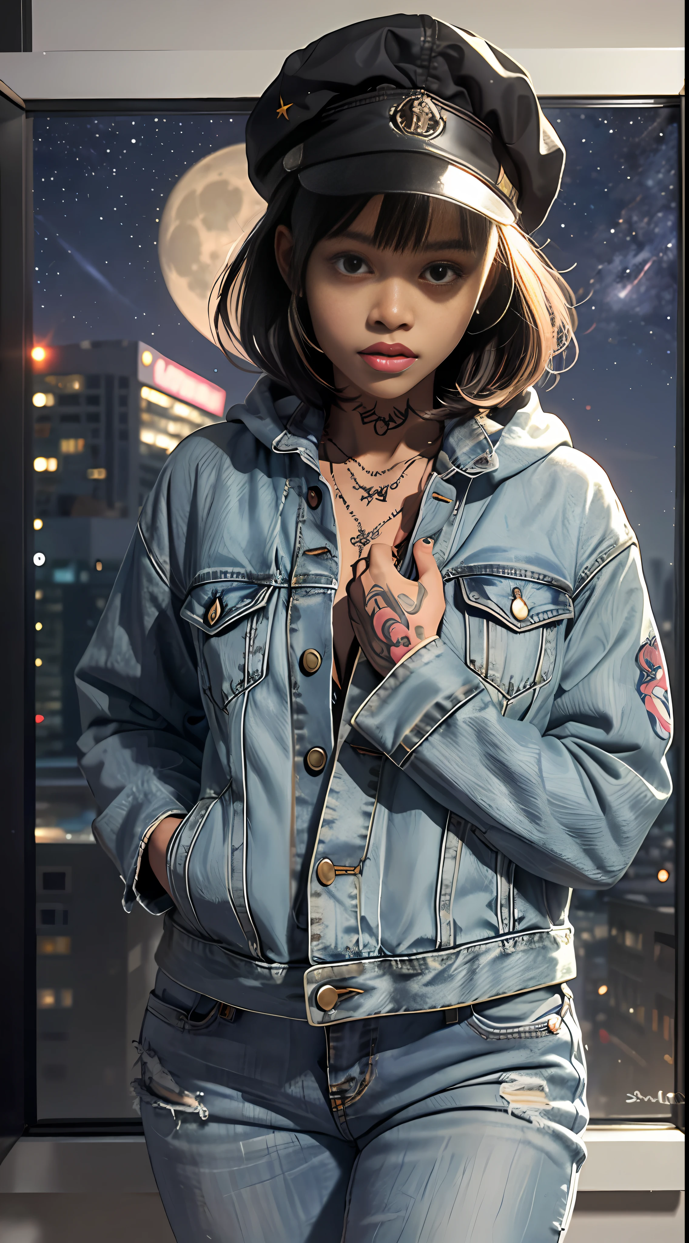 118-year-old African American girl standing, with jacket and jeans, full of tattoos, with cap and bangs, on a background the starry dark night with a full moon, angle from bottom to top
