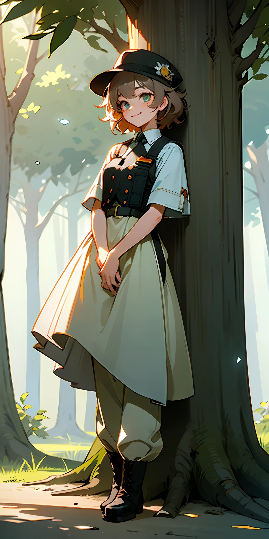 ((high quality)), ((masterpiece)), 8k, bulletproof vest, light, extremely detailed CG unity 8k wallpaper, game cg, absurd, high resolution, super detailed, (1 girl: 1.3), (messy hair, beautiful delicate eyes, shiny oily skin: 1.1), pretty, break, ancient forest, huge trees, peaceful grove, dappled sun, biodiversity, boots, trousers, light layers, hat, the sun is rising, I can see some sparrows sitting and looking out, light summer dress and bright smile, gentle light, normal body proportions.