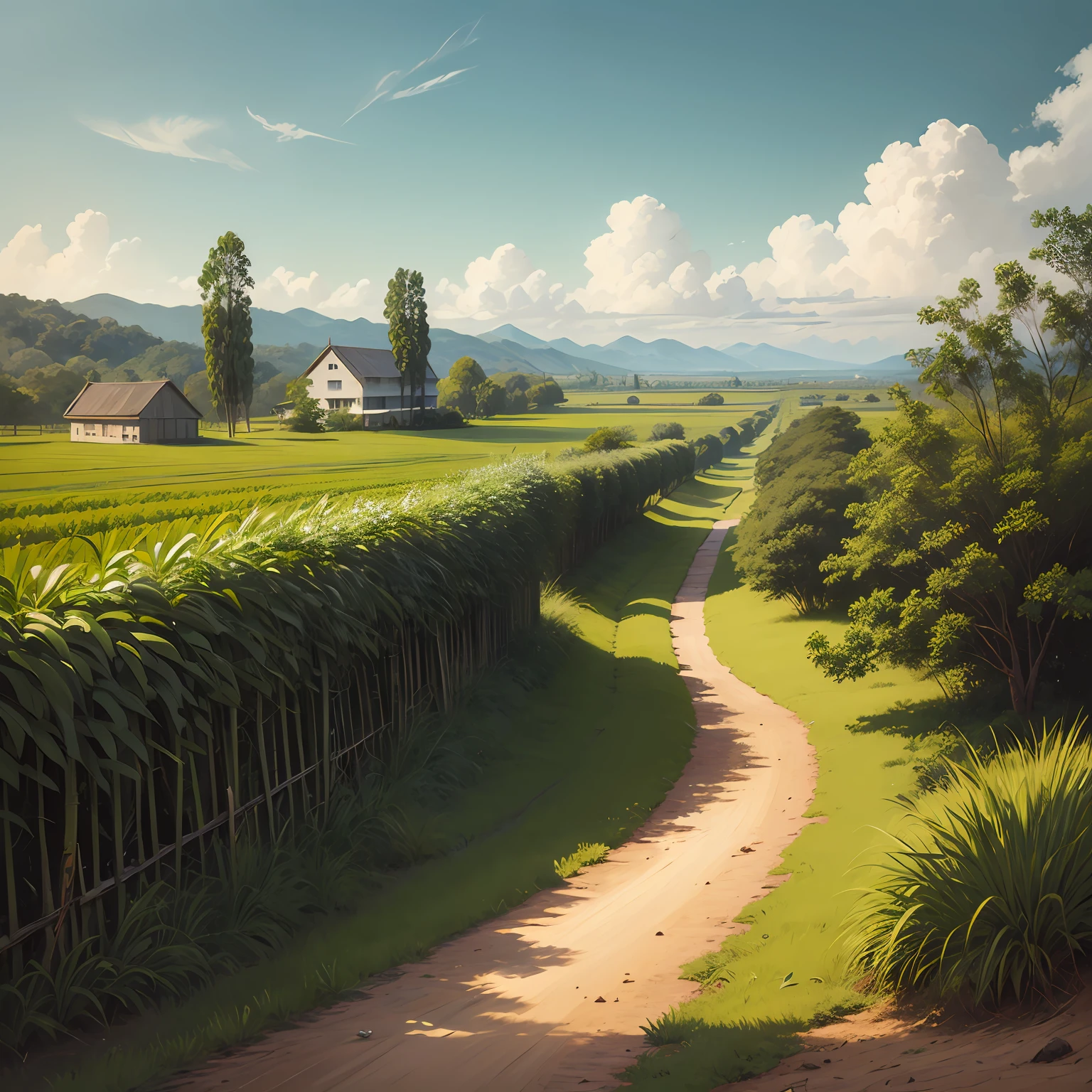 landscape, sugarcane field, sugar cane plantation, colonial era - old painting style --auto