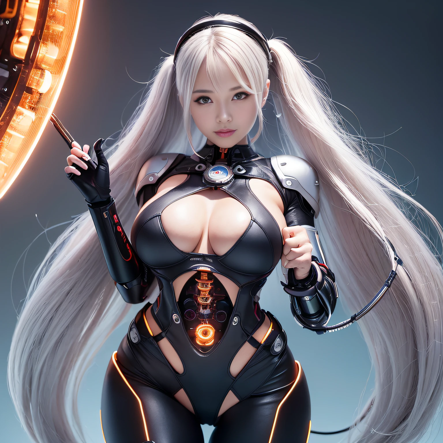 Beautiful Face,face is Japan, 1 Woman, Big, Curvaceous, (16k, RAW photo, top quality, masterpiece: 1.2), (HDR, Realistic, Photorealistic: 1.37) (tube attached to the body), (Bikini Cyborg robot parts)))), (light gray hair), Long hair, Wavy hair, Twin tails, Medium shot, ( Seductive smile)), (black eyes), double eyelids, princess cut, from below, (whole body),posing,,in the lab,( tube connected to blood vessel),((mechanical vertebrae attached to the back)),((mechanical neck attached to the neck)),(wire and cable attached to head and body),(character focus),science fiction,perfect female figure,perfect ???????, hyperanatomy, full body shot, relationship between up to 4 fingers and 1 thumb, spherical joint,