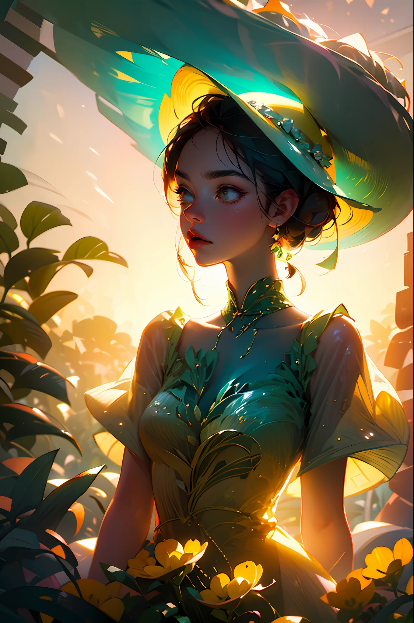 (extreme close up:1.5), (face focus:2),(Style of ???? ???:1.5),
((side face:2)),(1girl surrounded by soft_light:1.5), (backlighting:1.8), (lighting),(flowing fabric:1.3), ((Floral_summer_dress:1.5),(Straw_hat:1.3)),
(masterpiece), realistic, HDR, highly detailed, 8k, raw photo,
ambient occlusion, natural, harmonious composition, warm tones, fine art photography, --auto
