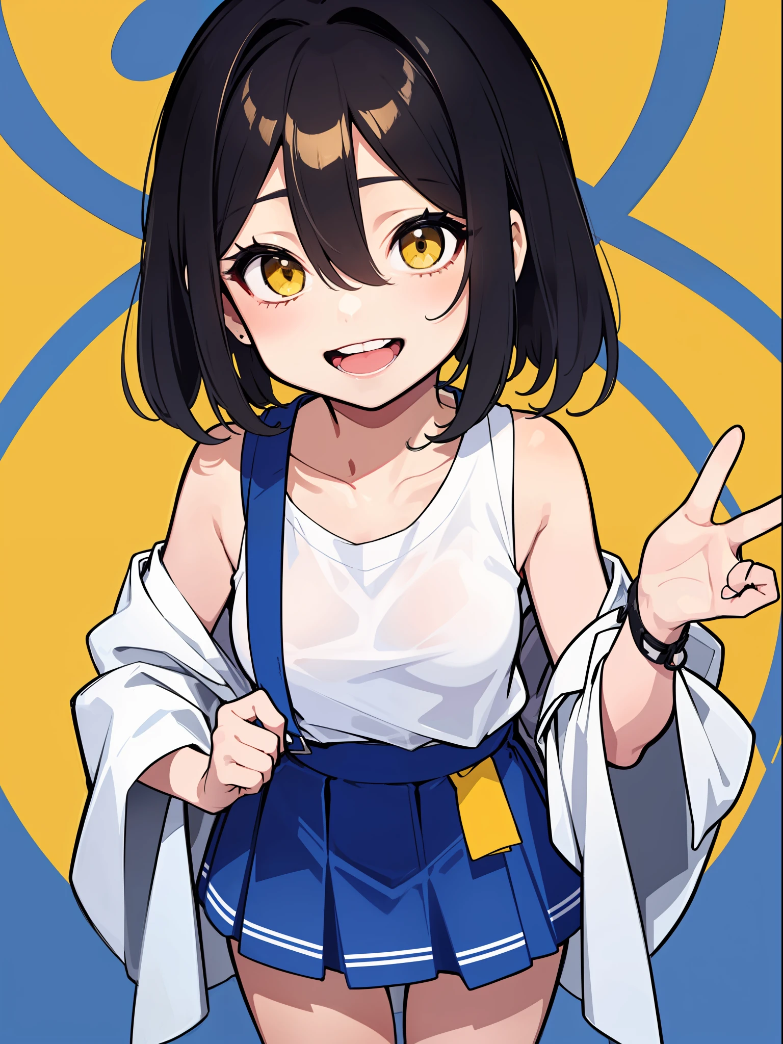 Two-dimensional, a li, a girl, black hair, hair between eyes, short curly hair, yellow eyes, bright and godly big eyes, smile, small breasts, cute and lively, white shirt, blue strap skirt