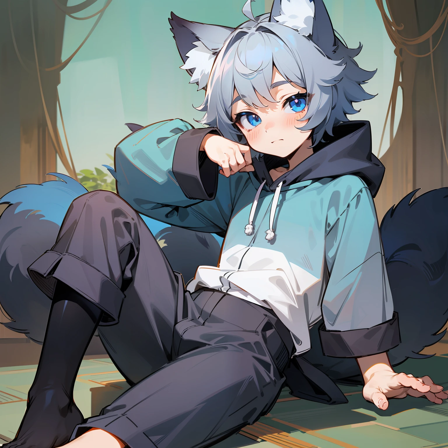 (1boy), (Shota), (HD quality, masterpiece level), cute teen character, dark gray hair, blue eyes, (wolf ears), (wolf tail), one tail, (no ears), (little boy), (ears covered), (hair covered ears), a pinch of blue bangs, full body picture, chubby face, random expressions, cute feet