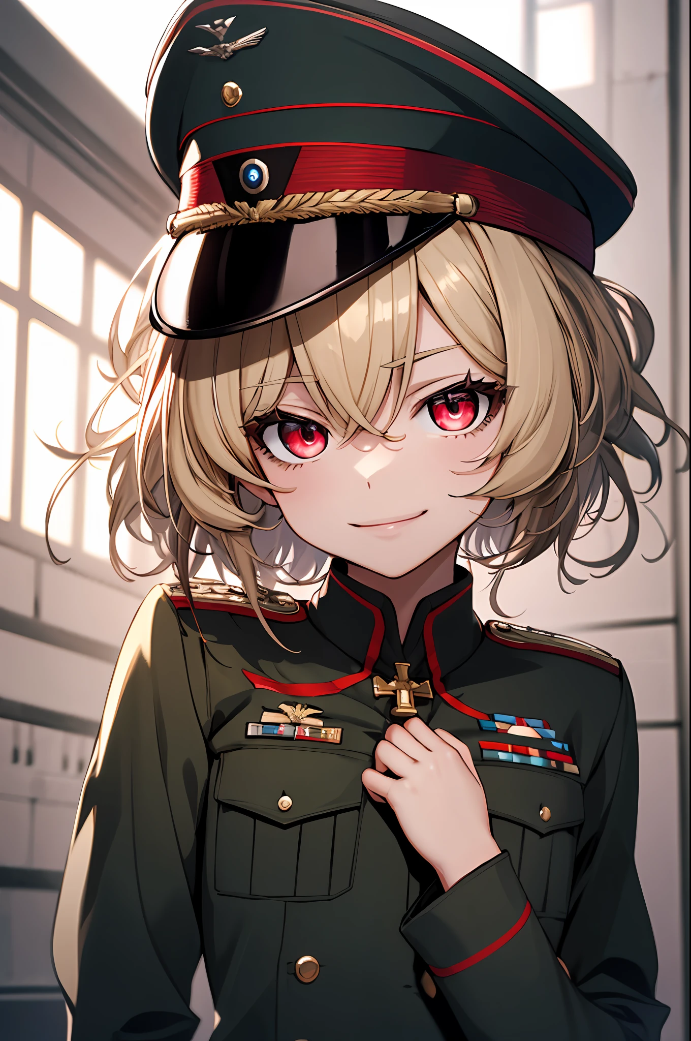 (masterpiece, best quality: 1.1), 1girl solo, tanya, 1girl, solo, petite, flat chest, small breasts, curvy, military, military uniform, , general hat, cute smile,red eyes