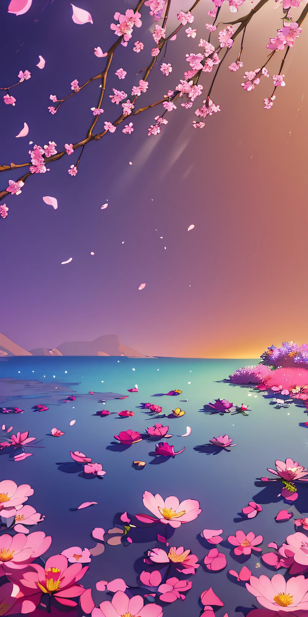 Masterpiece, best quality, (very detailed CG unity 8k wallpaper) (best quality), (best illustration), (best shadows) Nature', blue sea,delicate leaves petals of various colors falling in the air light Tracking, super detailed , wanostyle --v6