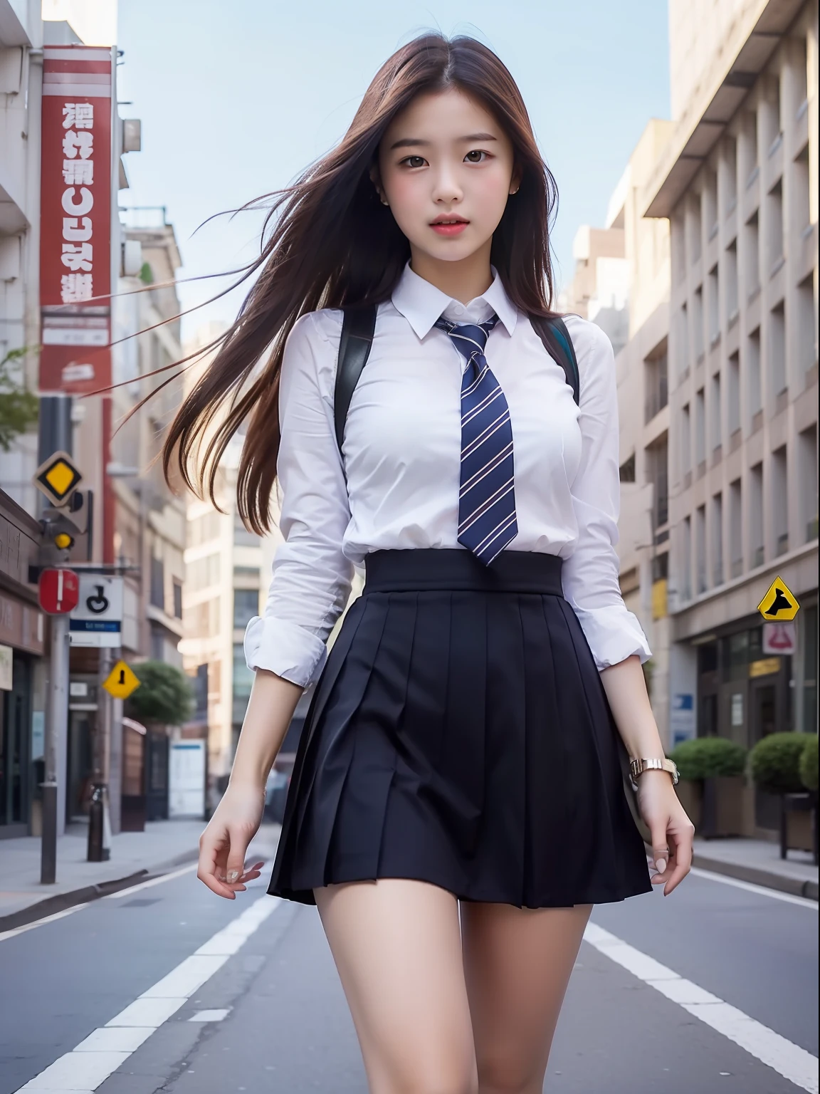 school girl, beautiful girl, uniform, skinny, white underwear, panty shot, city, walking