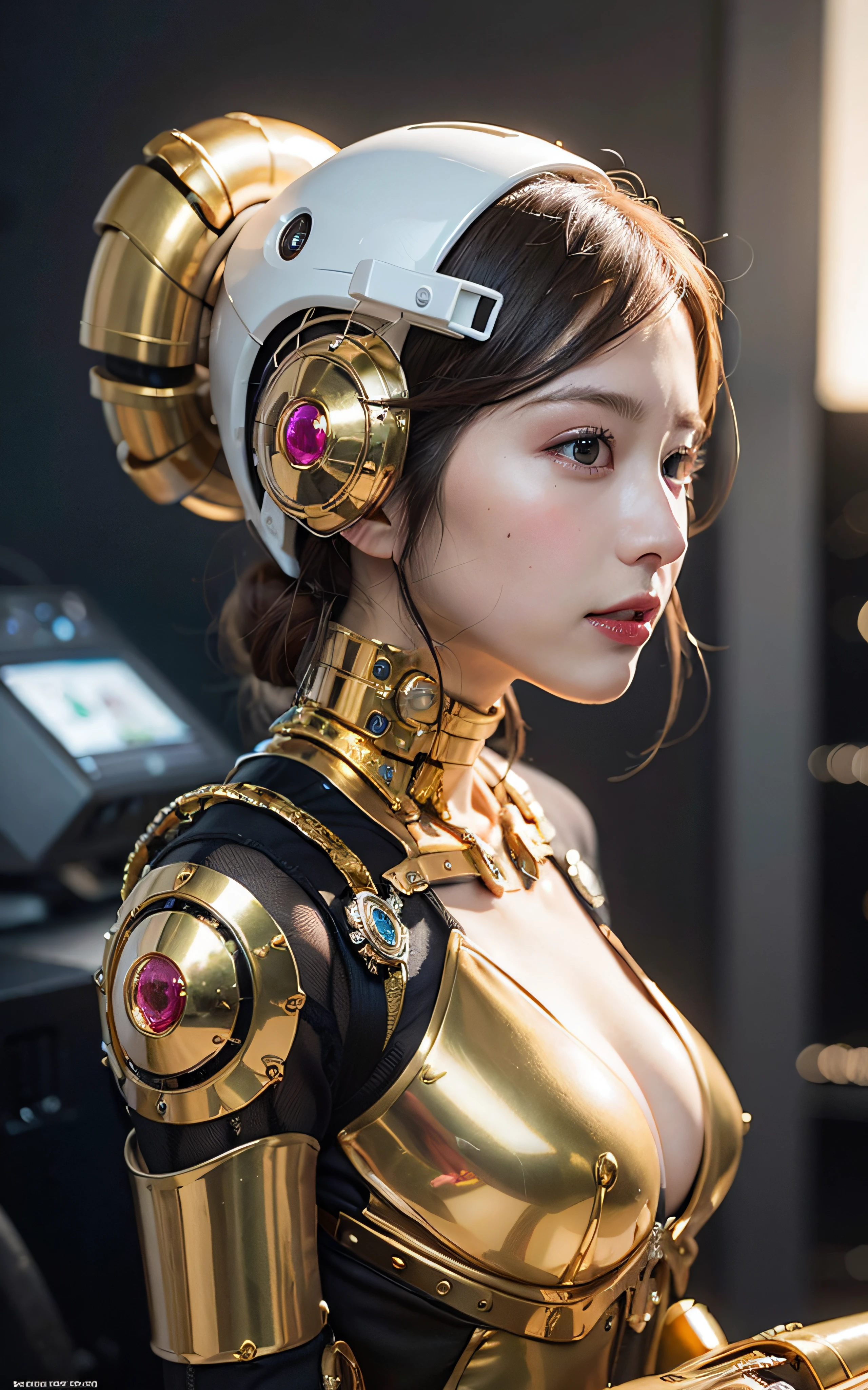 Complex 3d rendering ultra detailed beautiful porcelain profile female android face, golden cyborg, robot parts, 150mm, beautiful studio soft light, rim light, vivid detail, gorgeous cyberpunk, lace, surreal, anatomical, facial muscles, cable wire, microchip, elegant, beautiful background, octane rendering, HR Giger style, 8k, best quality, masterpiece, illustration, very delicate and beautiful, highly detailed, cg, uniform, wallpaper, ( realistic, photorealistic: 1.37), fantastic, elaborate, masterpiece, top quality, official art, highly detailed cg unity 8k wallpaper, absurdity, incredible absurdity, robot,, full body, sitting, golden color