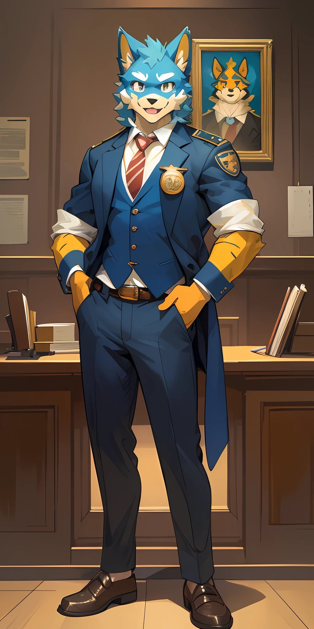 top quality, best quality, High-quality illustrations by Michelangelo, by Johannes Vermeer, masterpiece, super high resolution, detailed background, Courtroom, judge, movie poster(highly detailed beautiful face and eyes)absurdres, perfect anatomy(handsome 1boy, kemono, solo focus, lawyer, suit)(furry)(furry anthro:1.7)(Furry body, dog facial features, dog body features)(very detailed body fur)full body, extending arm to point, shining lawyer's badge, confident expression,