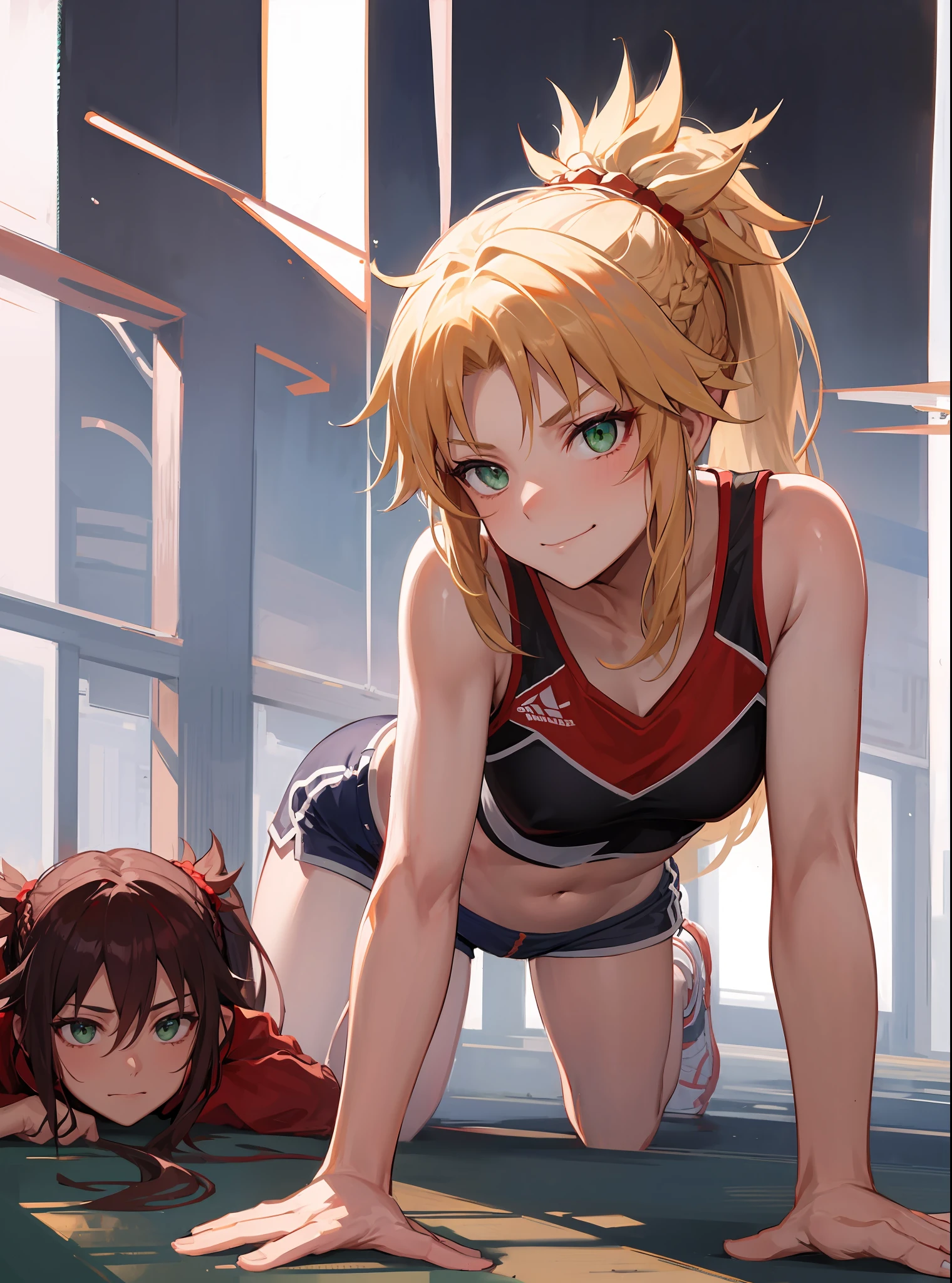 Mordred \(fate\), ponytail, green eyes, braids, smugness, sports shorts, sneakers, corset, alone, alone, exposed navel, on all fours, faint smile, mid_breats, the best quality