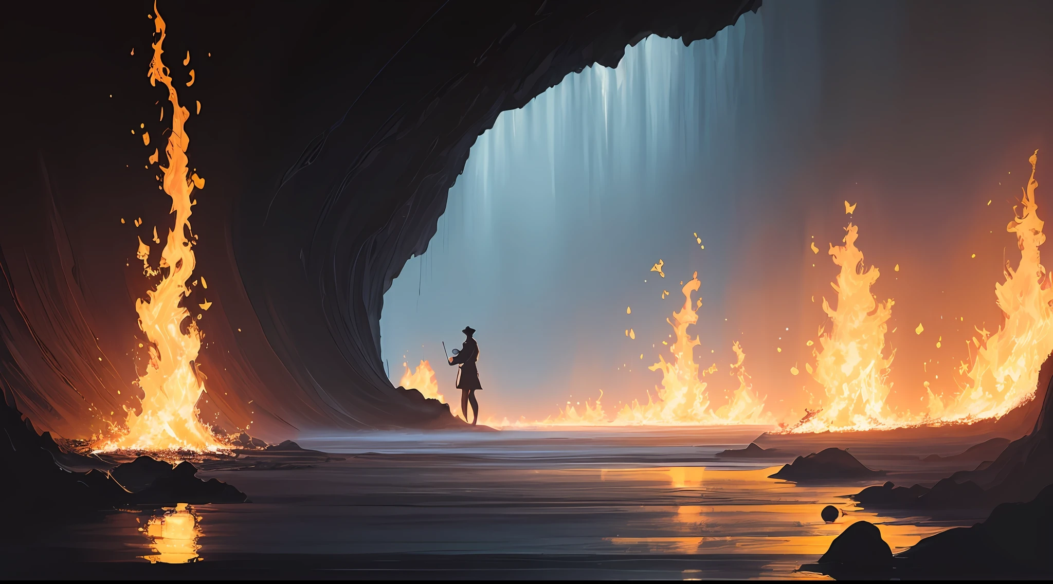 Extremely tense anime fire: human, drinking coffee in a building on fire in the background, superb playing card borders, random color art, oil painting, blue-yellow, light purple and purple additions, light red additions, intricate details, splash screen, 8k resolution, masterpiece, artstation digital painting smooth black ink flow: 8k resolution realistic masterpiece: intricate fluid gouache: Jean Baptiste Mongue: calligraphy: acrylic: watercolor art, professional photography, Natural daylight, volumetric lighting minimalist photography illustration: Marton Bobzert: complex, elegant, vast, dreamy, vibrant