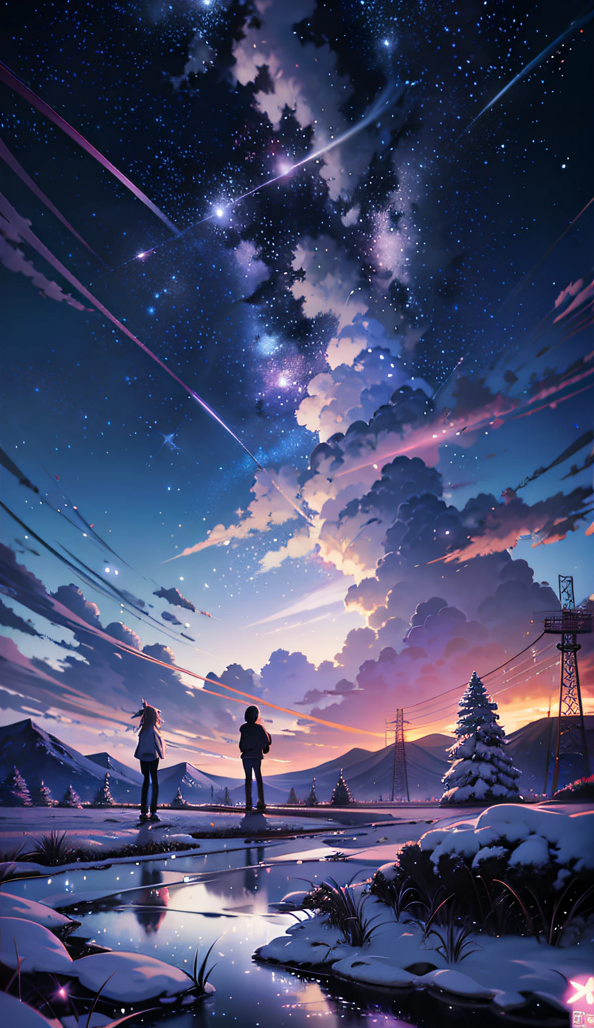 anime scenery of two people standing on a rock looking at the sky, cosmic skies. by makoto shinkai, makoto shinkai cyril rolando, beautiful anime scene, anime sky, anime art wallpaper 4 k, anime art wallpaper 4k, anime art wallpaper 8 k, anime beautiful peace scene, in style of makoto shinkai, 4k anime wallpaper