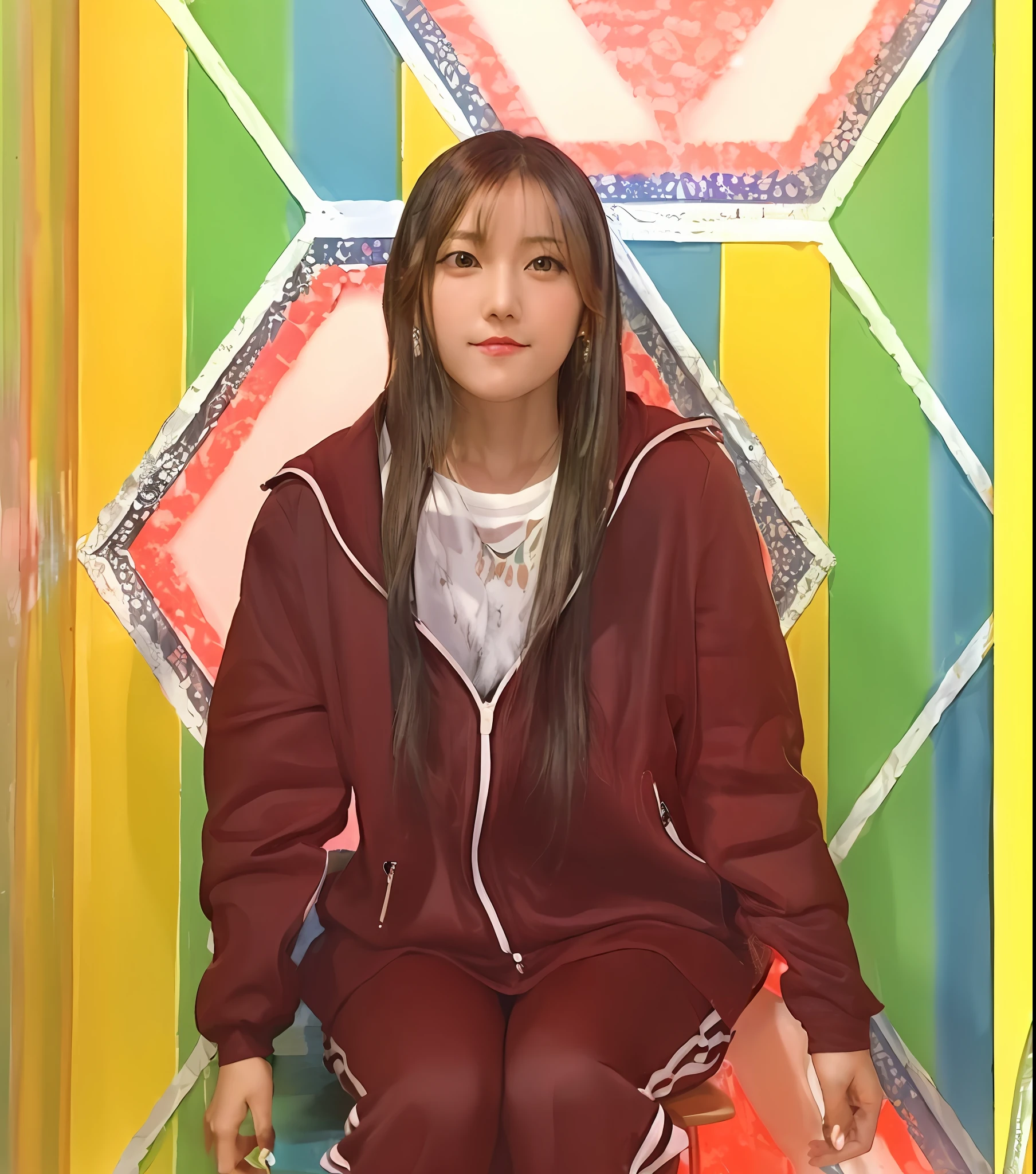 arafed woman sitting on a colorful bench in front of a colorful wall, ayami, park ji-min, korean idol, japanese tv show, harumi, takeyuki kanda, krystal, ayami koj ima, chiho, 奈良美智, jaeyeon nam, narumi kakinouchi