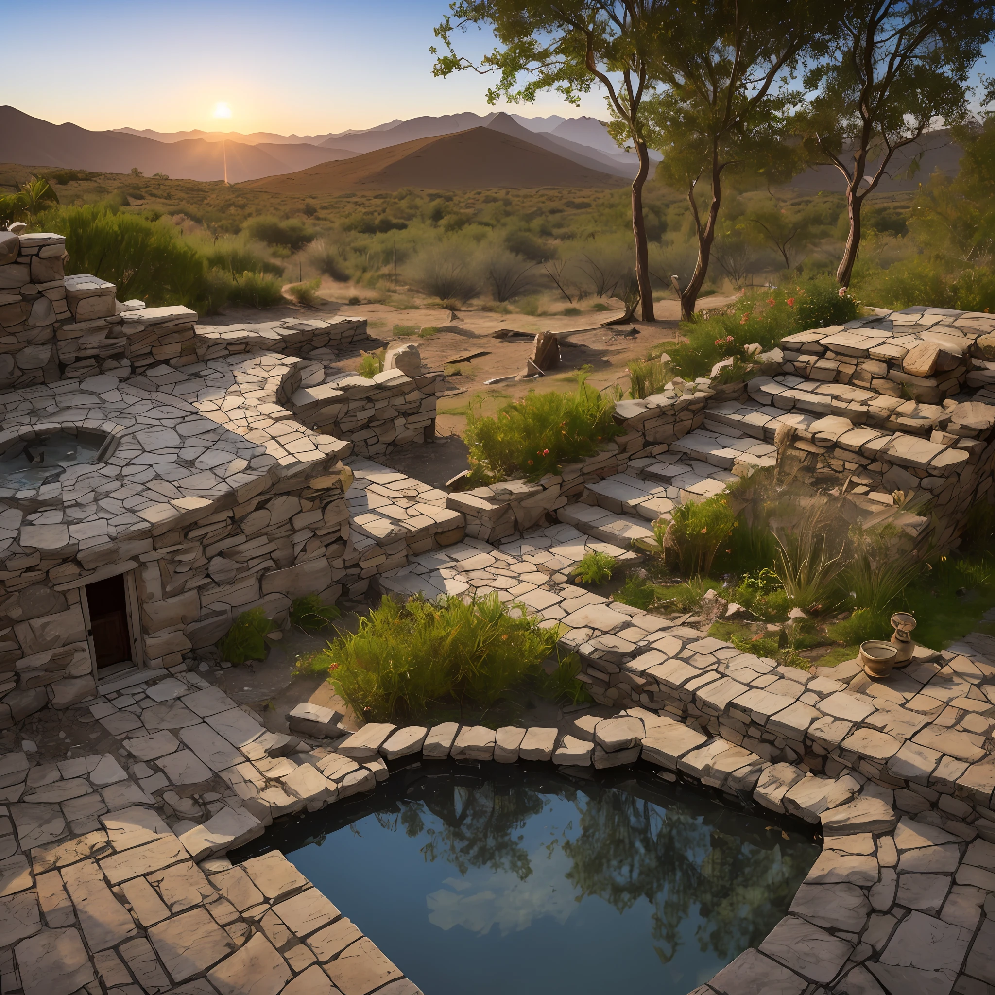 Realistic drawing, Computer visualized graphics, realistic fantasy, Extensive landscape ultra photography (general view, which shows the room, dark, dim basement, stone steps to the basement, steps leading to the bottom, a small stone ruined platform, a collapsed fountain, dried water, broken wooden railings, a destroyed fountain in the form of a bowl below, dried water), blurred background, gloomy, blue, dark, purple background, gray, cold, magical,"Majestic mountains," "Lush forests," "Glittering lakes," "Desert dunes," "Golden sunsets."