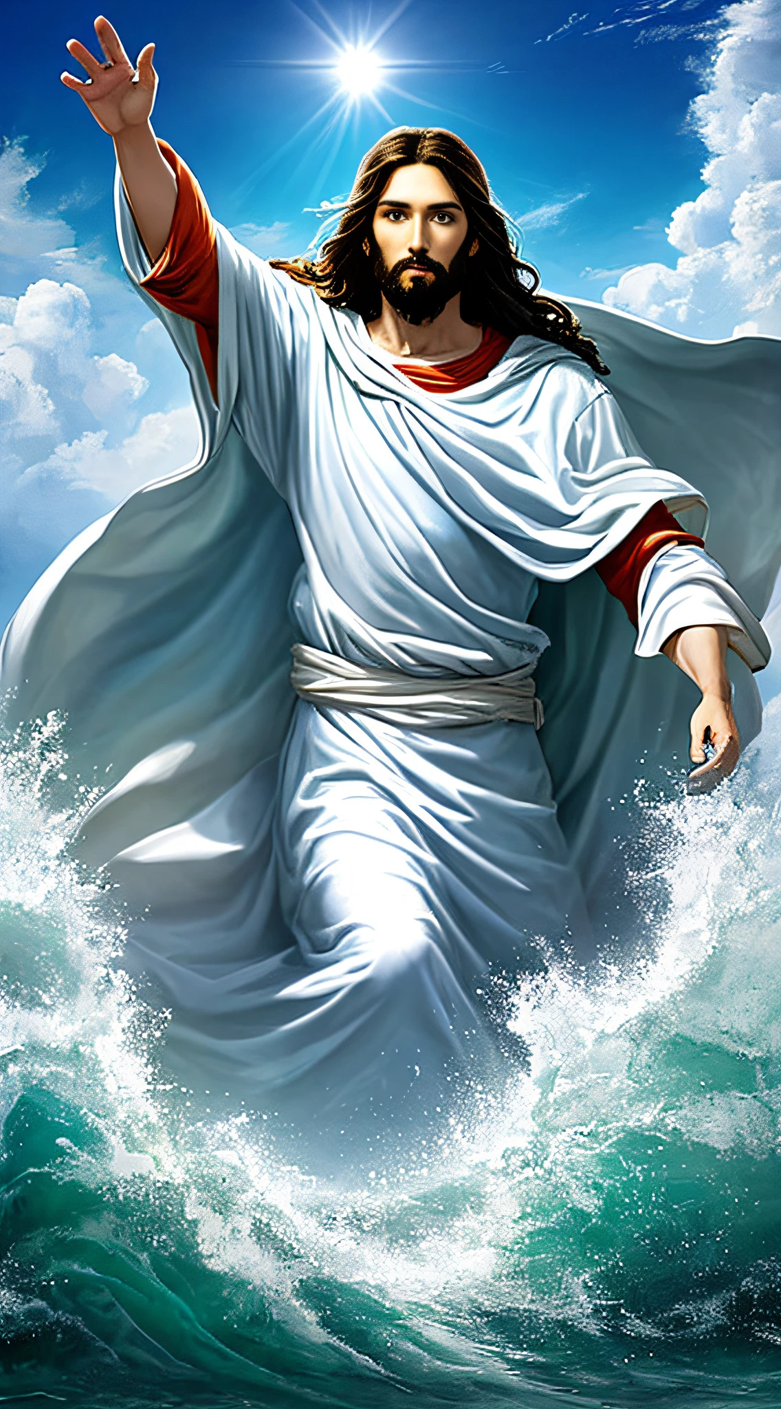 (detailed description) (better quality) Create an image of Jesus coming out of the sea