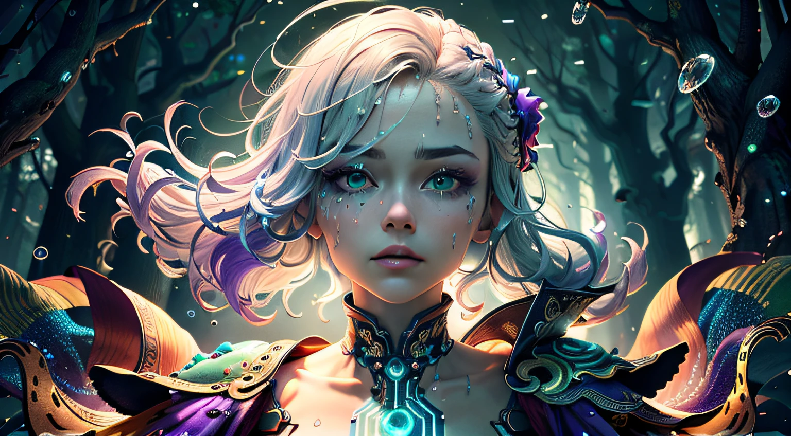 "(((masterpiece))), best quality, ultra-detailed, extremely delicate and beautiful, floating, high resolution, dynamic angle, dynamic pose, (1girl), blue eyes, (multicolored_hair+silver hair:1.3+red hair:1.2+purple hair+yellow hair:1.3+green hair:1.3), white wuxia clothes, neck ribbon, beautiful face, too many drops of water, cloud, twilight, wide shot, watercolor"
Prompt2: "(extremely detailed CG unity 8k wallpaper, masterpiece, best quality, ultra-detailed), (best illumination, best shadow, an extremely delicate and beautiful), floating, forest, depth of field, blue splashing, glorious, petals, wind, leaves, grasslands, Volumetric light"
Prompt3: "(extremely detailed CG unity 8k wallpaper, masterpiece, best quality, ultra-detailed), (CircuitBoardAI building. in amazingly high detail)"