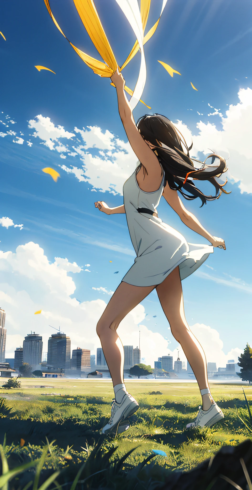 Anime girl in white dress flying yellow kite in a city park - SeaArt AI