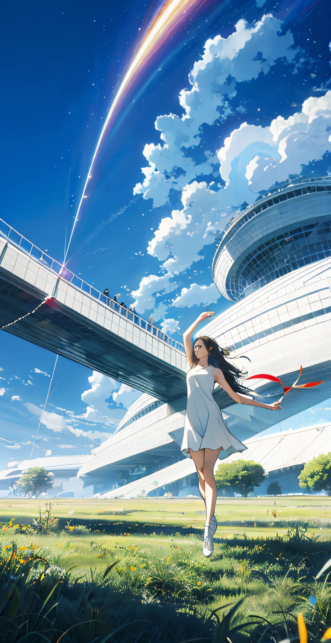 Vast sky, beautiful skyline, large grassland, strong tension and dramatic picture, moving visual effects, hanging North Star, colorful natural light. Slender legs, small white shoes, white dress, super wide angle, long white hair, incredibly long hair, streamers