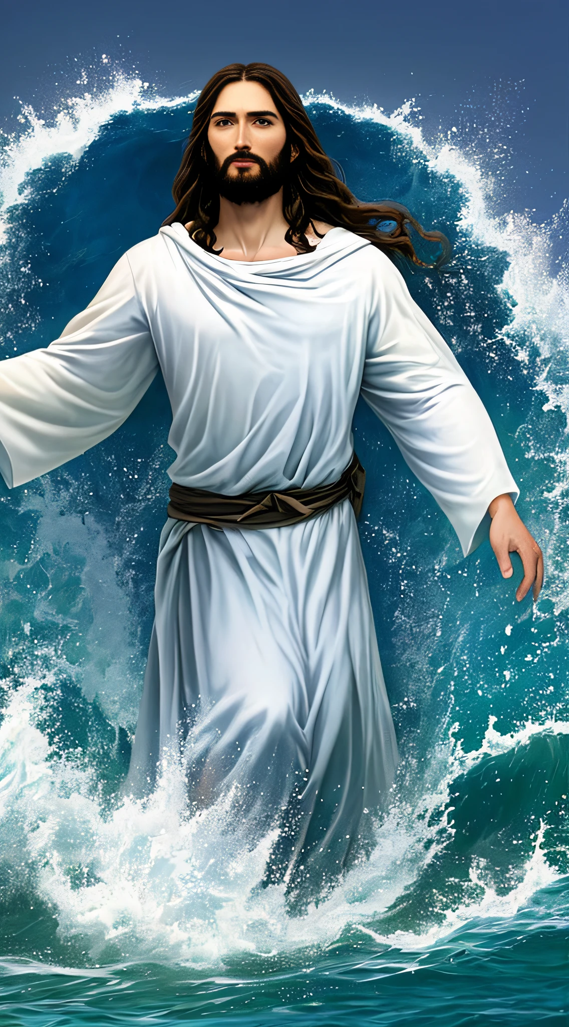 (detailed description) (better quality) Create an image of Jesus coming out of the sea
