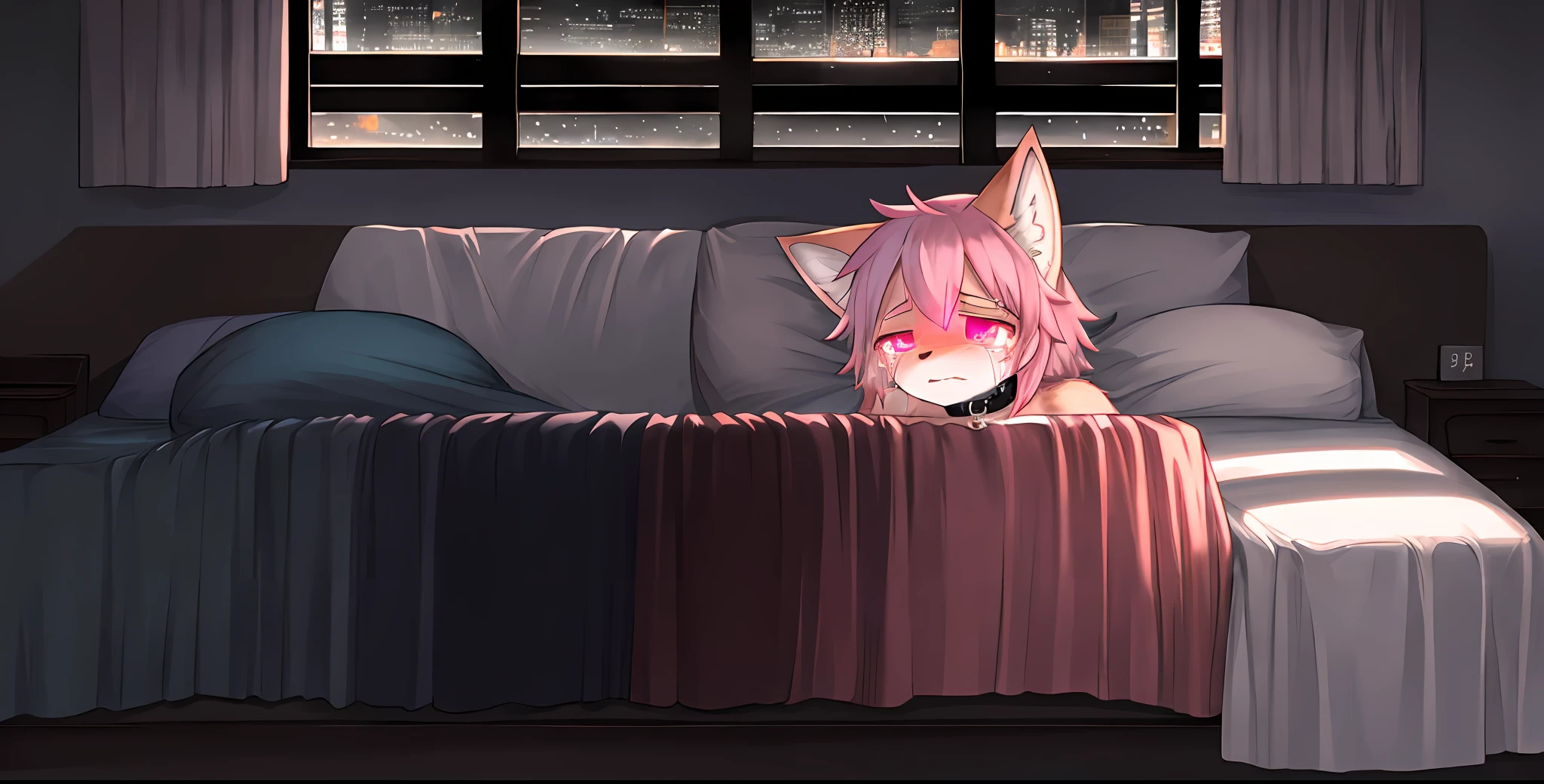 long pink hair, neon eyes, glowing eyes, femboy, neon city, indoor, bed, snowfall, midnight, cat ears, pale pink ears, fox tail, light pink fox,, cute, collar, one tail, god, fur body, full body, lower body is, snow fox, character, masterpiece, fluffy tail, current, lying down, sad, sad, tearful, crying, NFSW, highest quality, 4k, R-18, Full HD