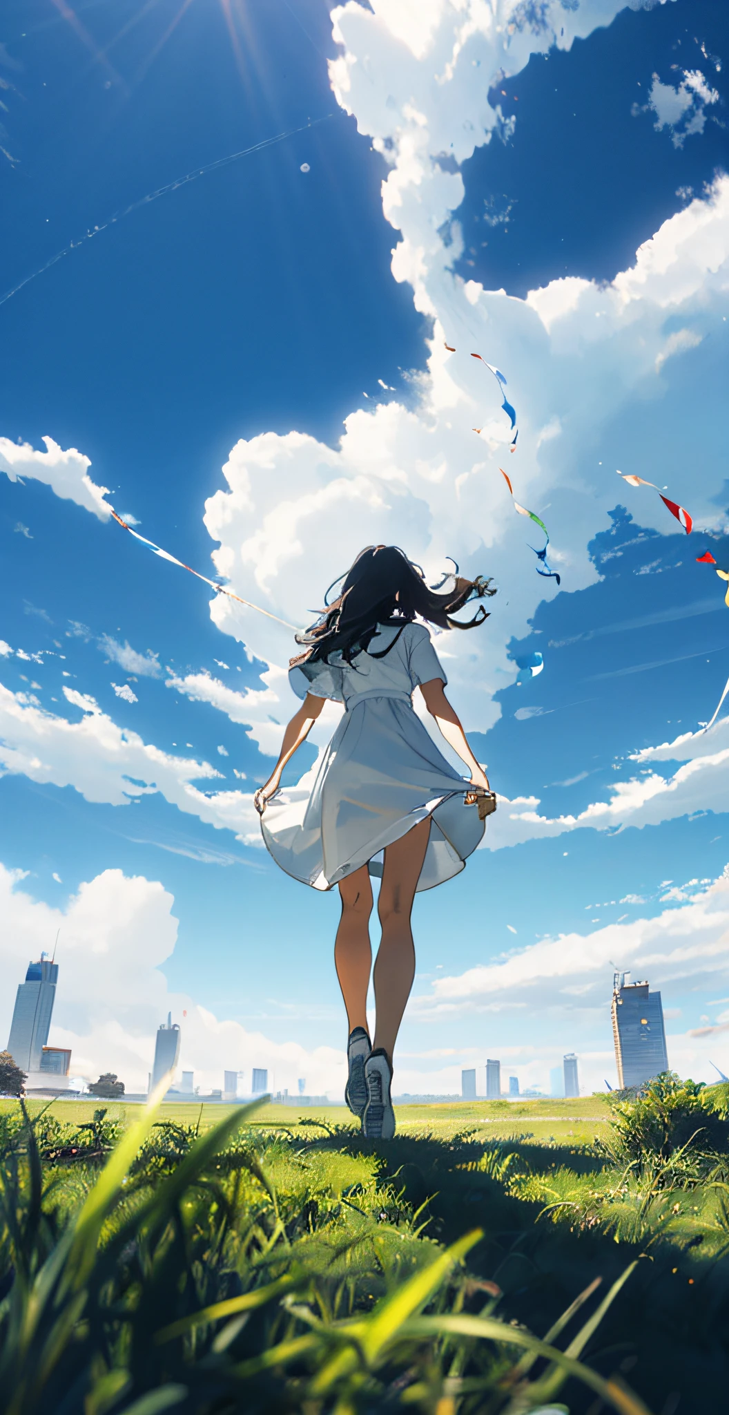 Vast sky, beautiful skyline, large grassland, strong tension and dramatic picture, moving visual effects, hanging North Star, colorful natural light. Slender legs, small white shoes, white dress, super wide angle, long white hair, incredibly long hair, streamers