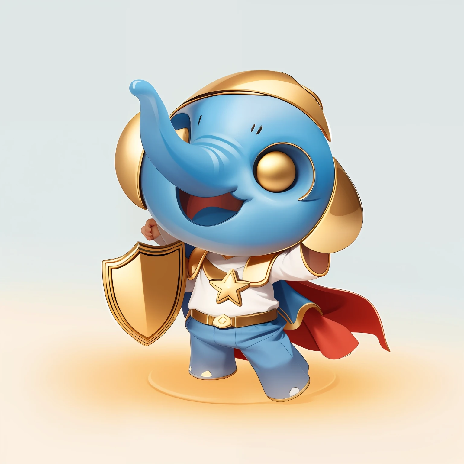 best quality,blue Elephant, chibi,((superman suit:0.8)) , gold shield in right hand, solo, cartoon portrait , full body , simple background,