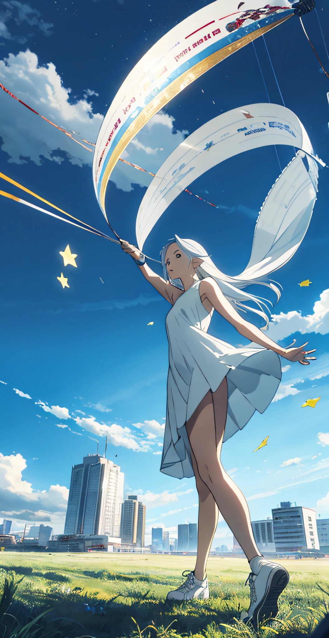 Vast sky, beautiful skyline, large grassland, strong tension and dramatic picture, moving visual effects, hanging North Star, colorful natural light. Slender legs, small white shoes, white dress, super wide angle, long white hair, incredibly long hair, streamers