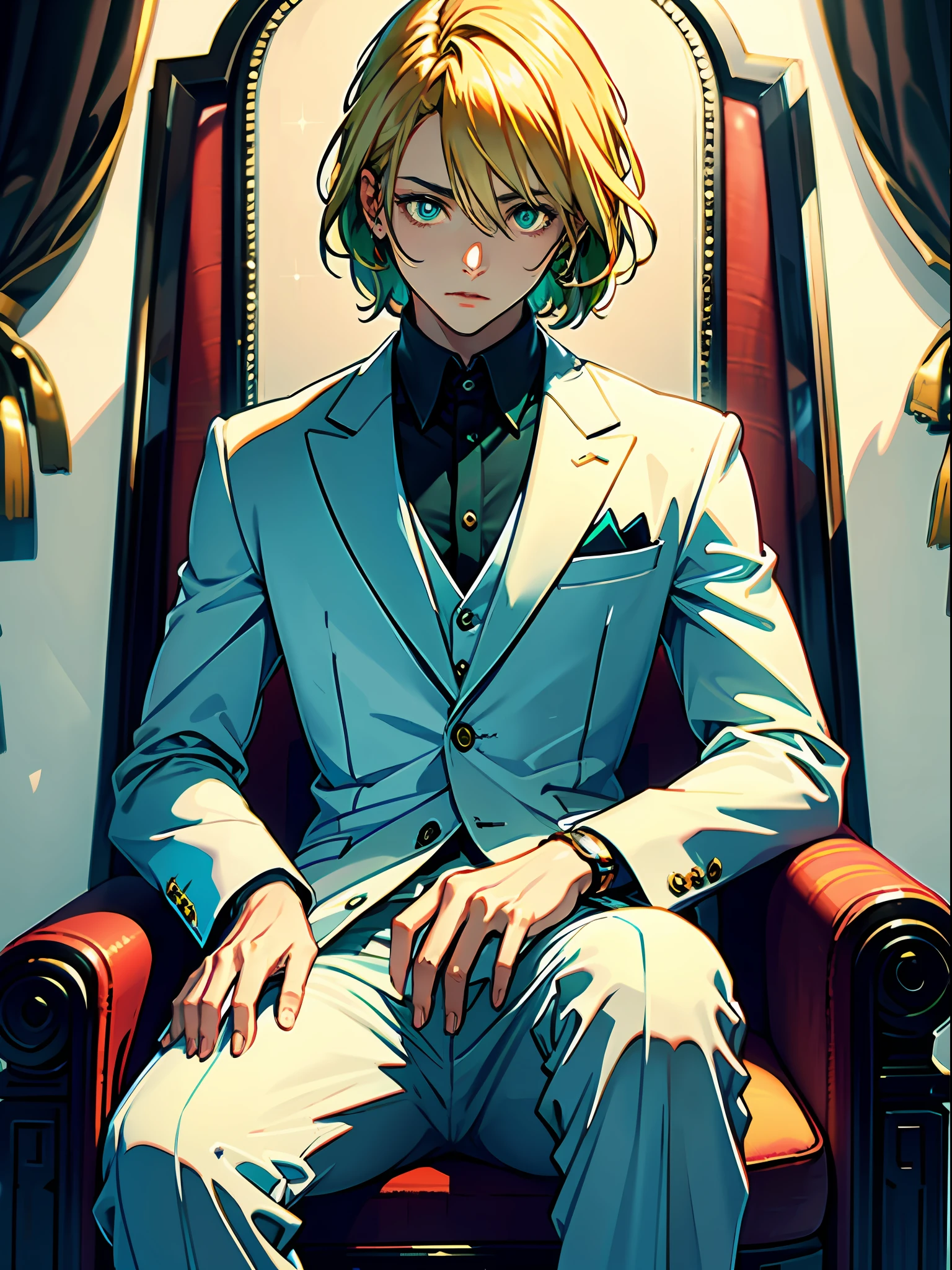 (best quality, masterpiece), 1 man, alone, (blond hair, shoulder-length, straight), (green eyes, bright pupils, sharp gaze), elegant white suit, (sitting on a throne),